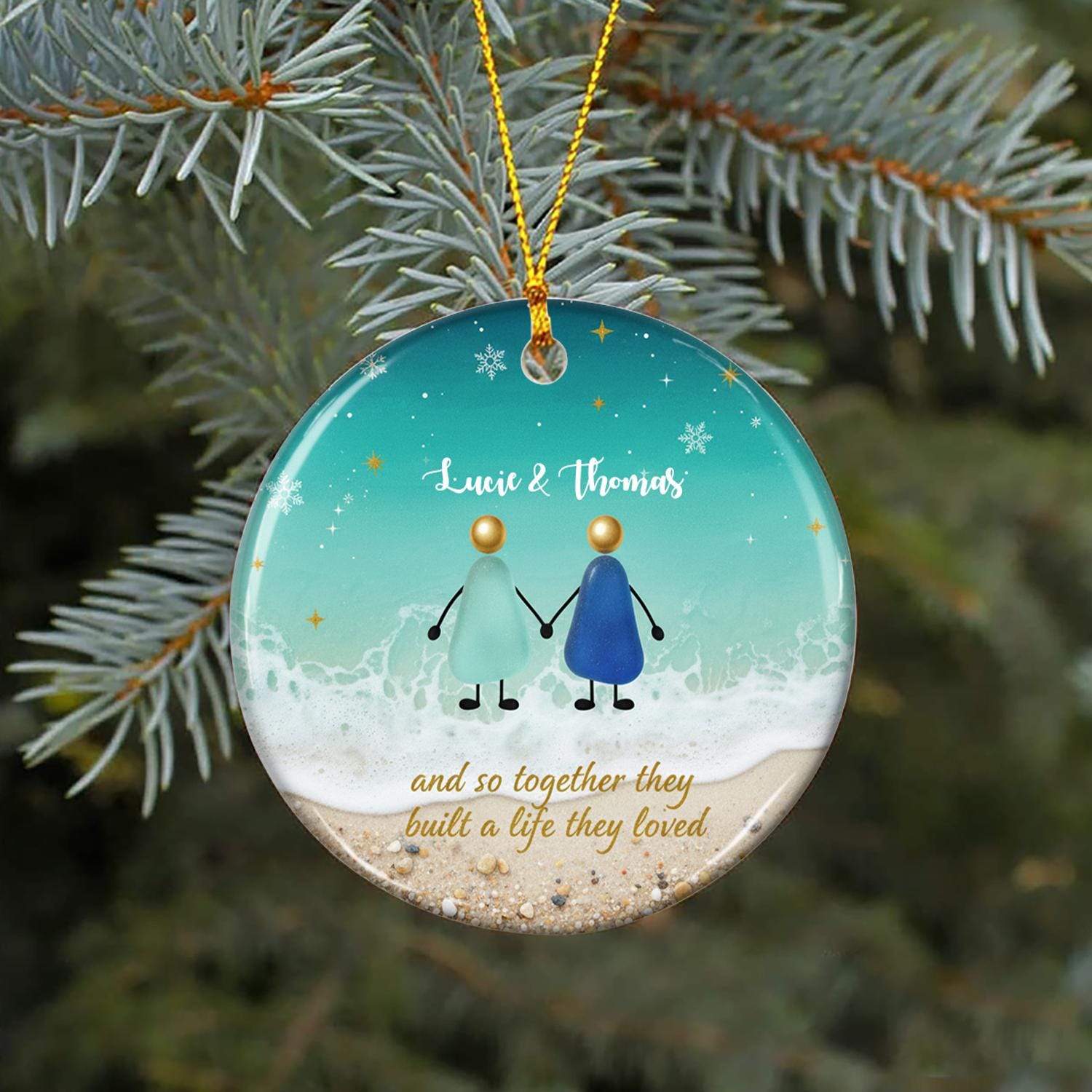 Personalized Couple Ornament – Ceramic Beach Scene with Ocean and Sand Design