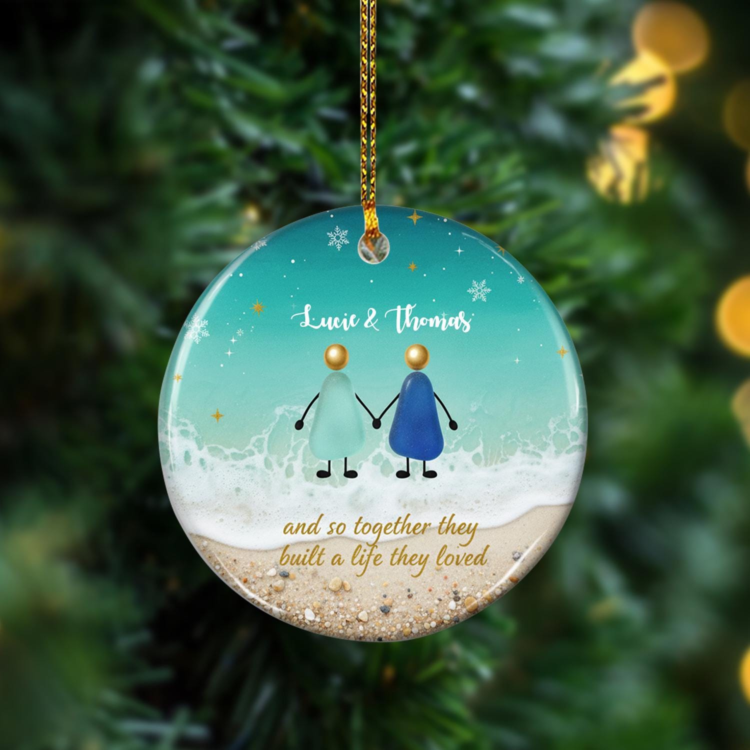 Personalized Couple Ornament – Ceramic Beach Scene with Ocean and Sand Design