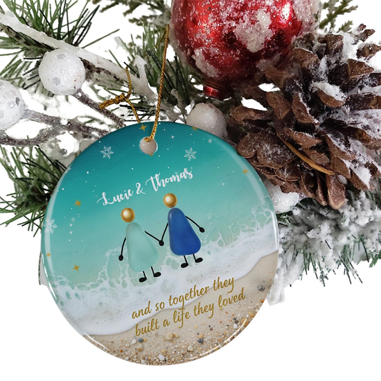 Personalized Couple Ornament – Ceramic Beach Scene with Ocean and Sand Design
