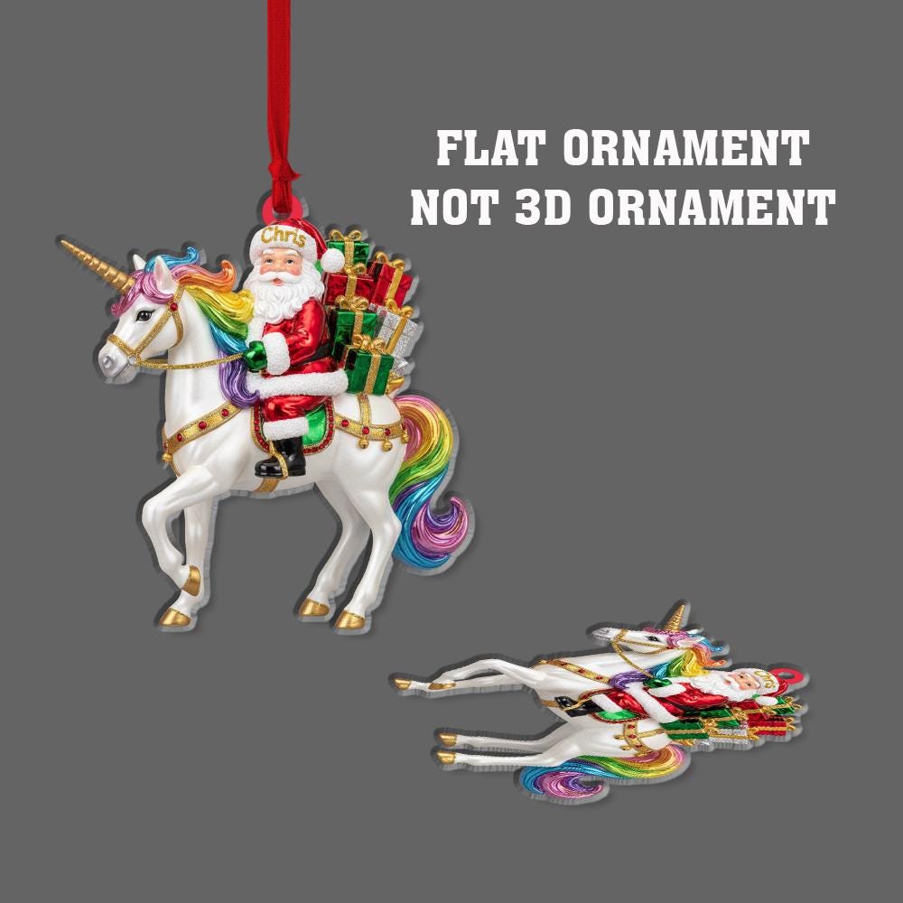 Personalized Santa Ornament – Christmas Unicorn Design with Rainbow Mane and Gifts