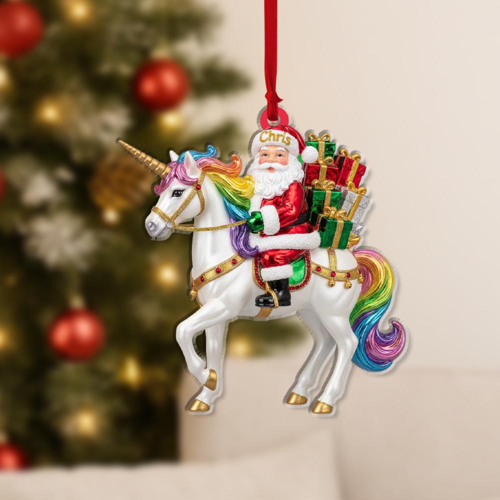 Personalized Santa Ornament – Christmas Unicorn Design with Rainbow Mane and Gifts
