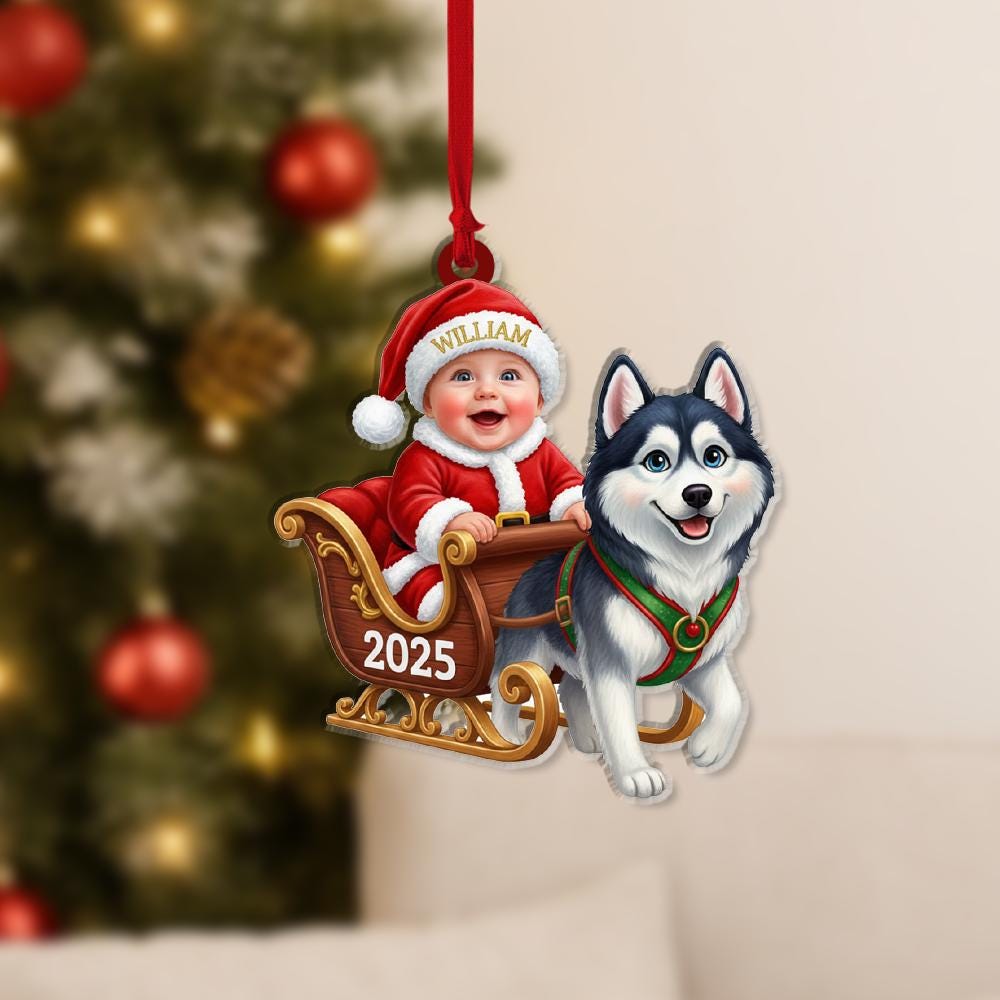 Personalized Baby Ornament – Christmas Sleigh Design with Husky Dog and Santa Outfit