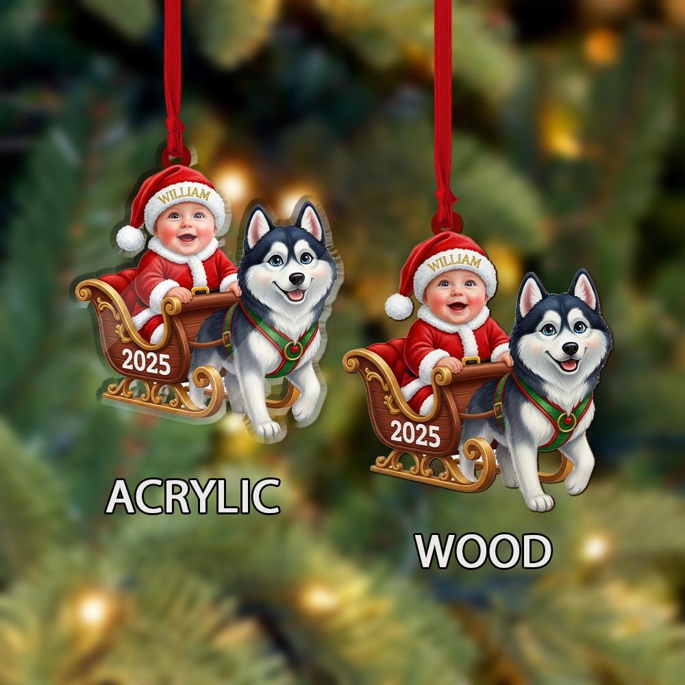 Personalized Baby Ornament – Christmas Sleigh Design with Husky Dog and Santa Outfit
