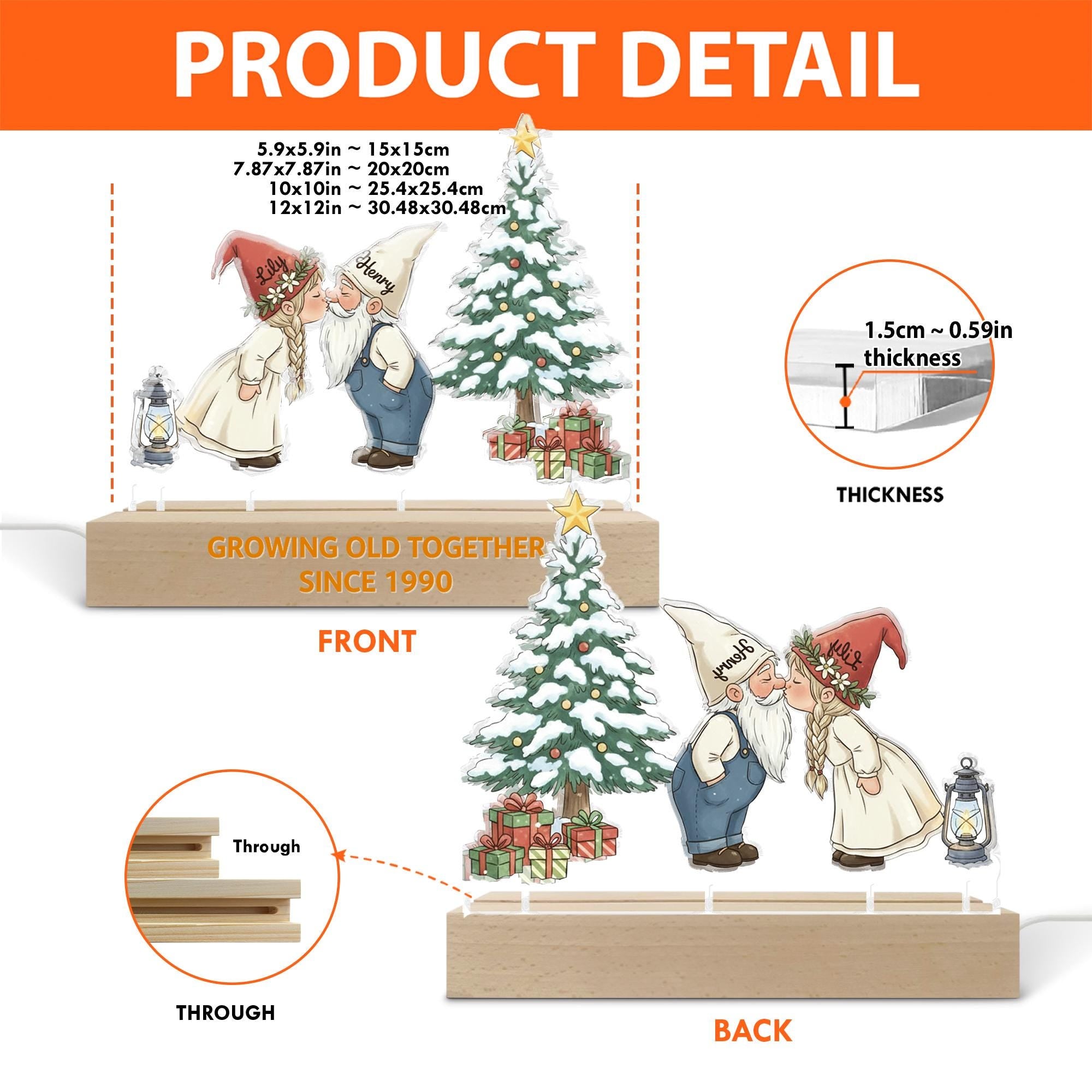 Personalized Gnome Couple LED Light: Christmas Tree Scene, Custom Names