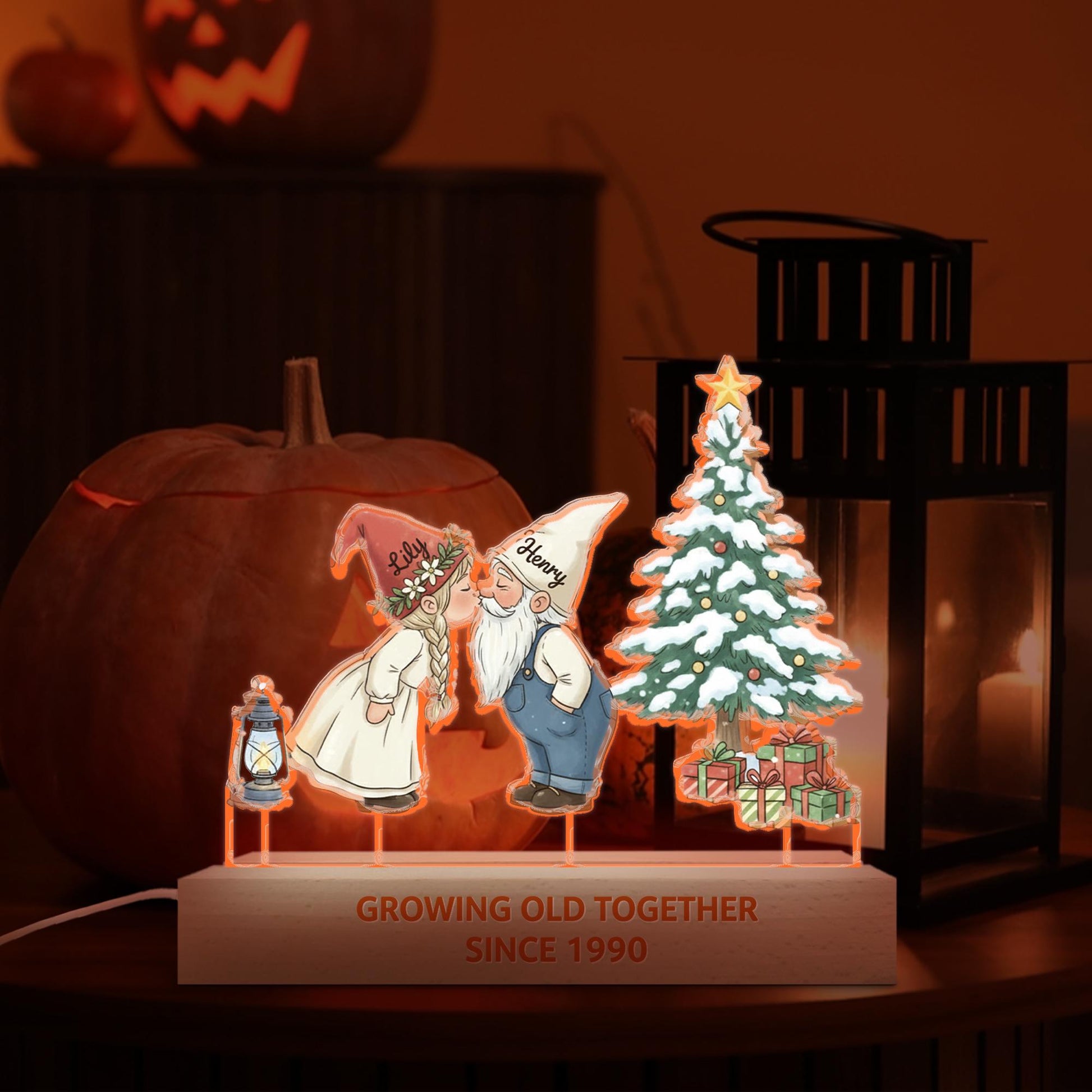 Personalized Gnome Couple LED Light: Christmas Tree Scene, Custom Names