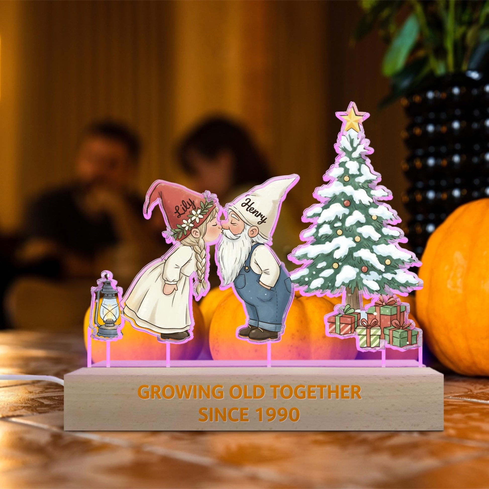 Personalized Gnome Couple LED Light: Christmas Tree Scene, Custom Names