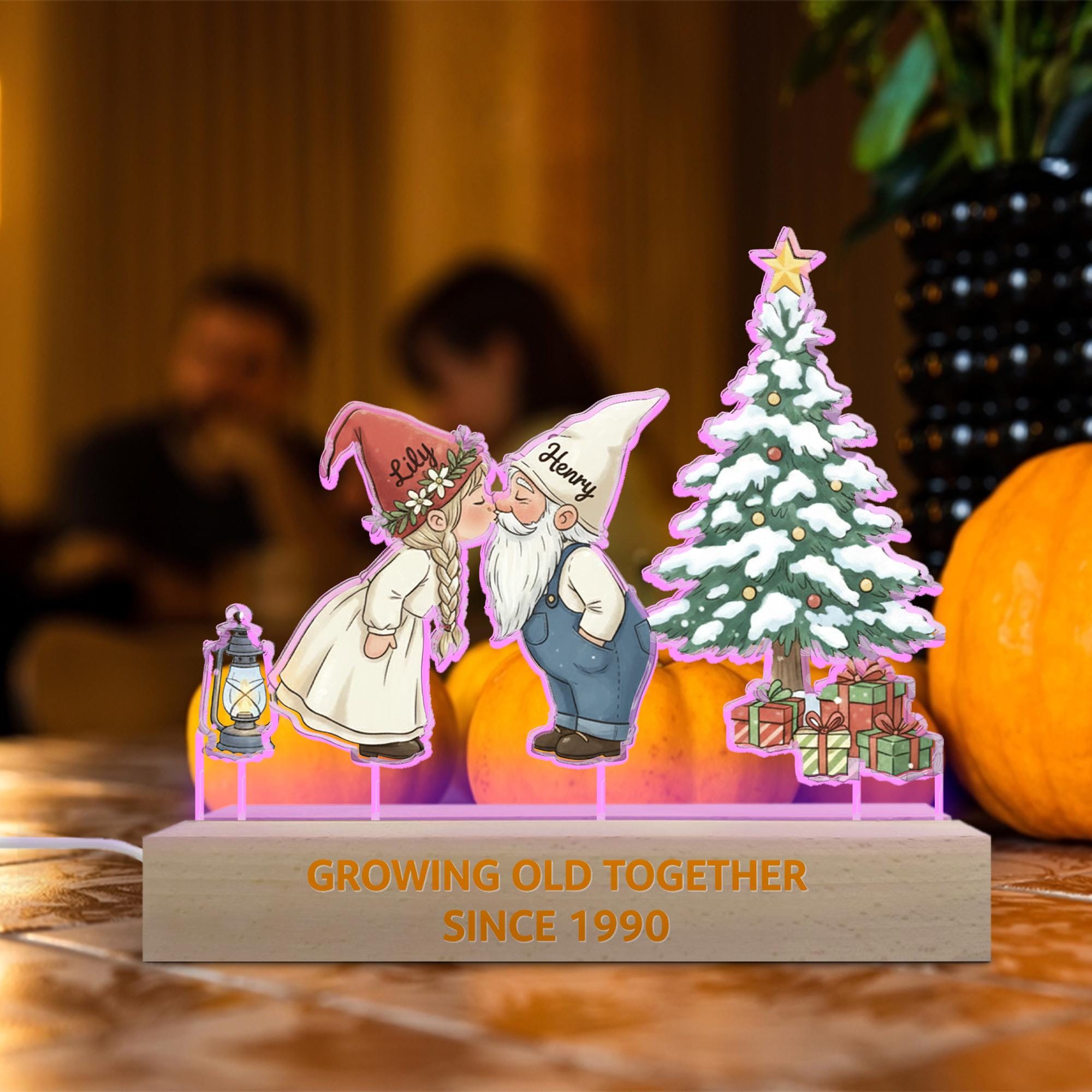 Personalized Gnome Couple LED Light: Christmas Tree Scene, Custom Names