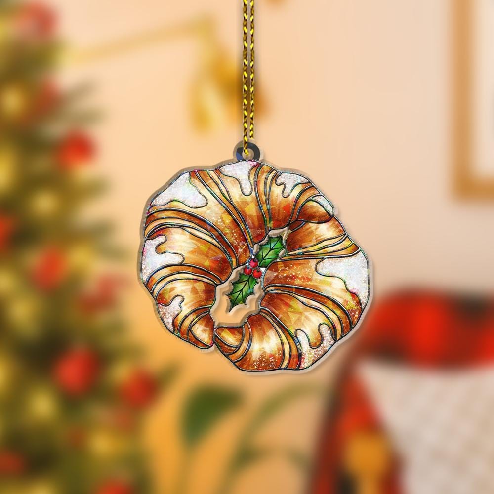 Croissant Ornament – Holiday Tree Decoration with Pastry Design and Holly Accent