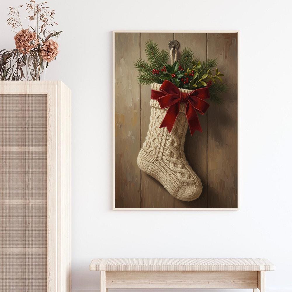 Christmas Wall Art Poster – Holiday Print with Stocking Red Bow and Evergreen Design