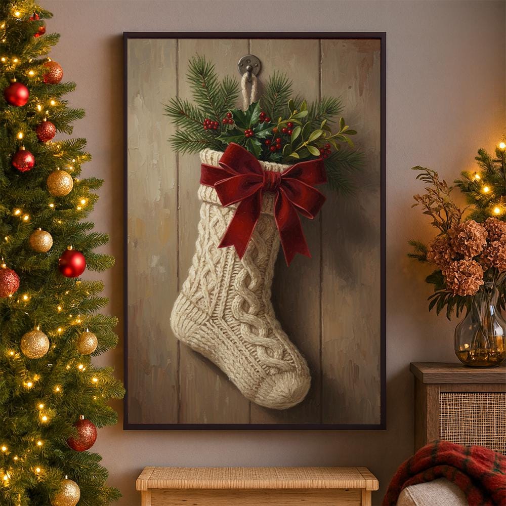 Christmas Wall Art Poster – Holiday Print with Stocking Red Bow and Evergreen Design