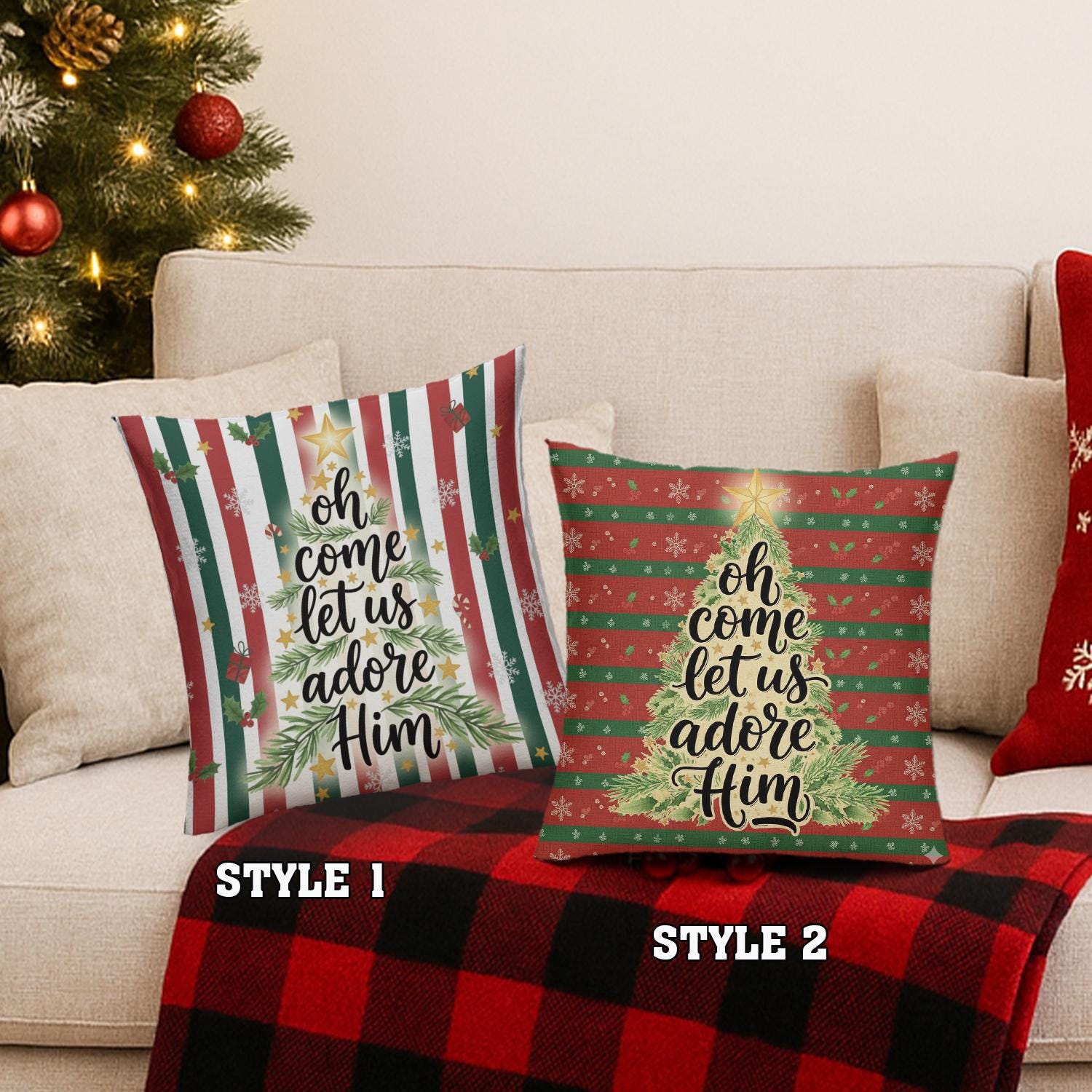 Christmas Pillow with Insert – Oh Come Let Us Adore Him Nativity Themed Home Decoration