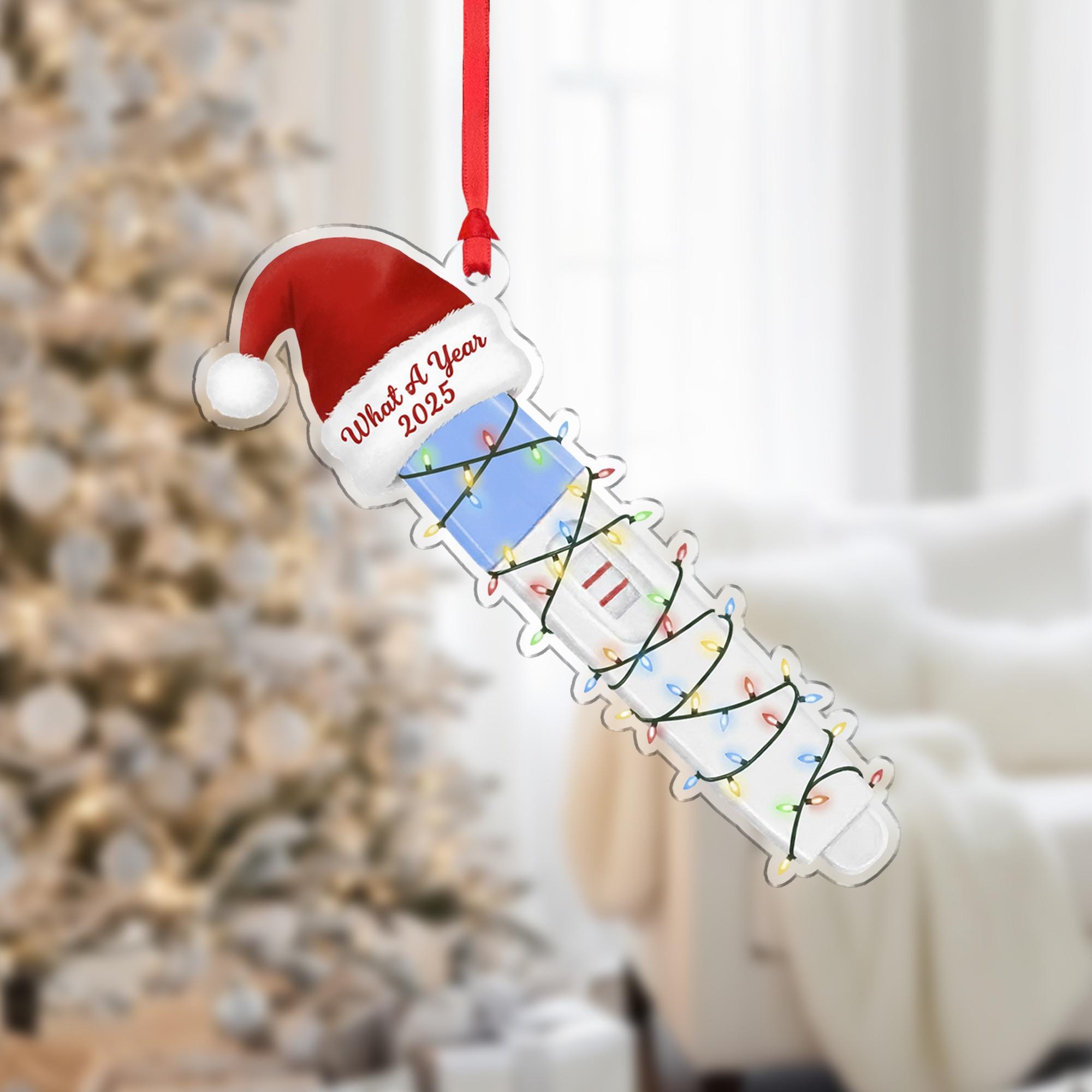 Pregnancy Test Ornament with Santa Hat and Holiday Lights