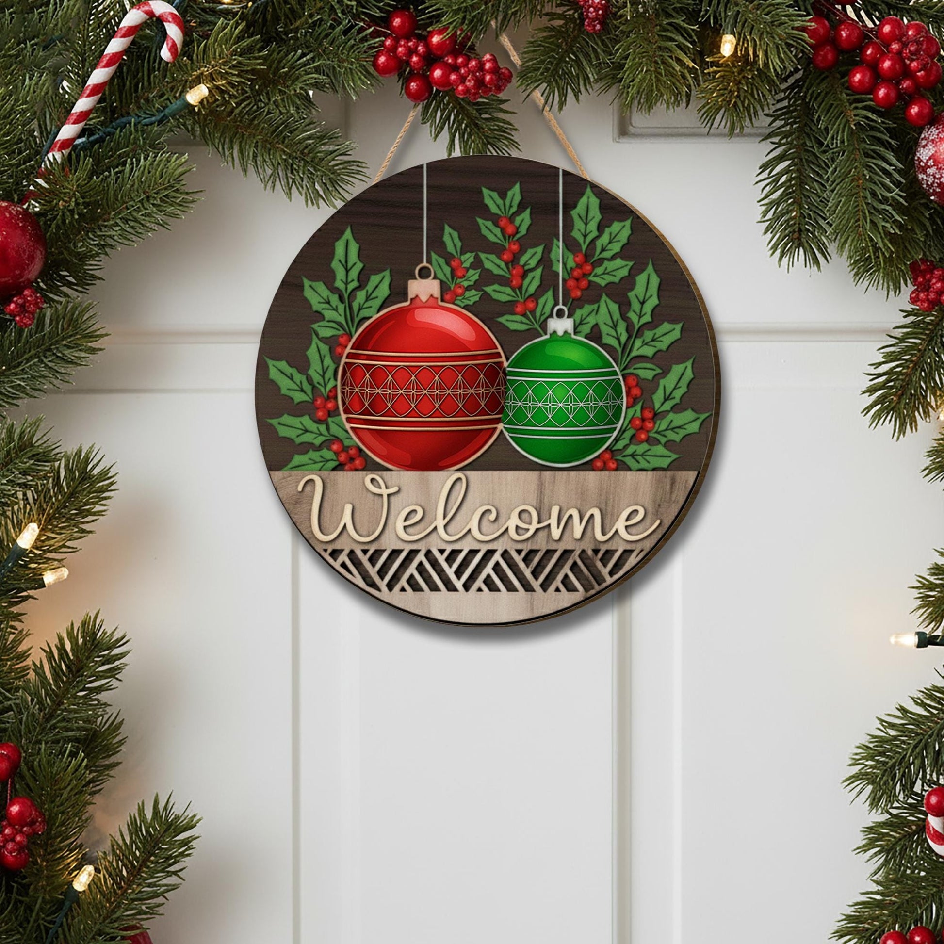 Christmas Welcome Bauble Ornament Sign - Holiday Door Wall Hanging