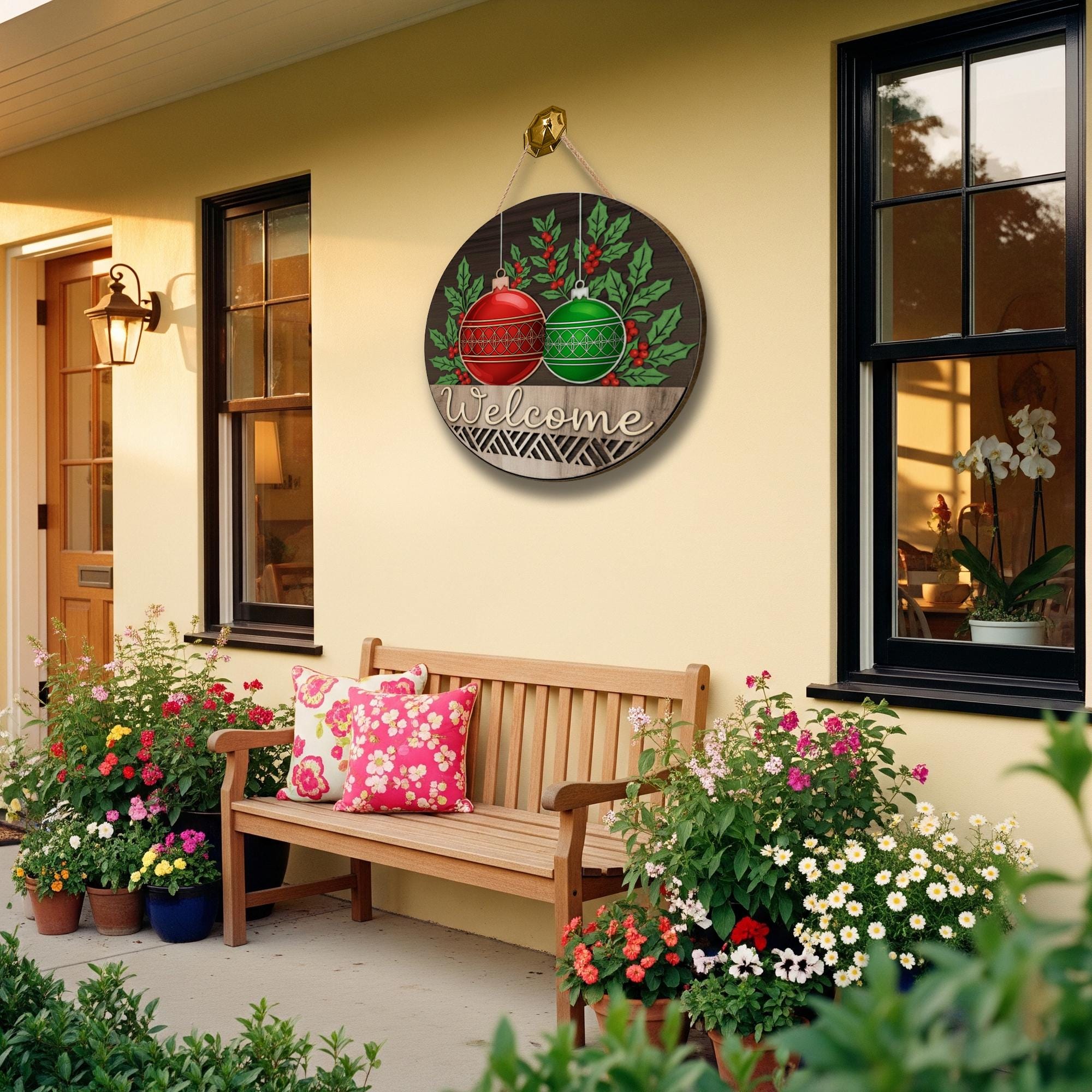 Christmas Welcome Bauble Ornament Sign - Holiday Door Wall Hanging