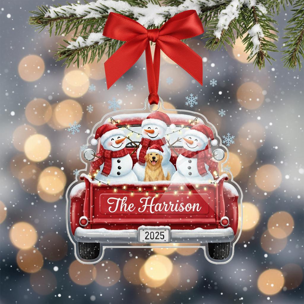 Personalized Family Christmas Ornament – Custom Snowman Truck Decoration with Pet & Name 2025