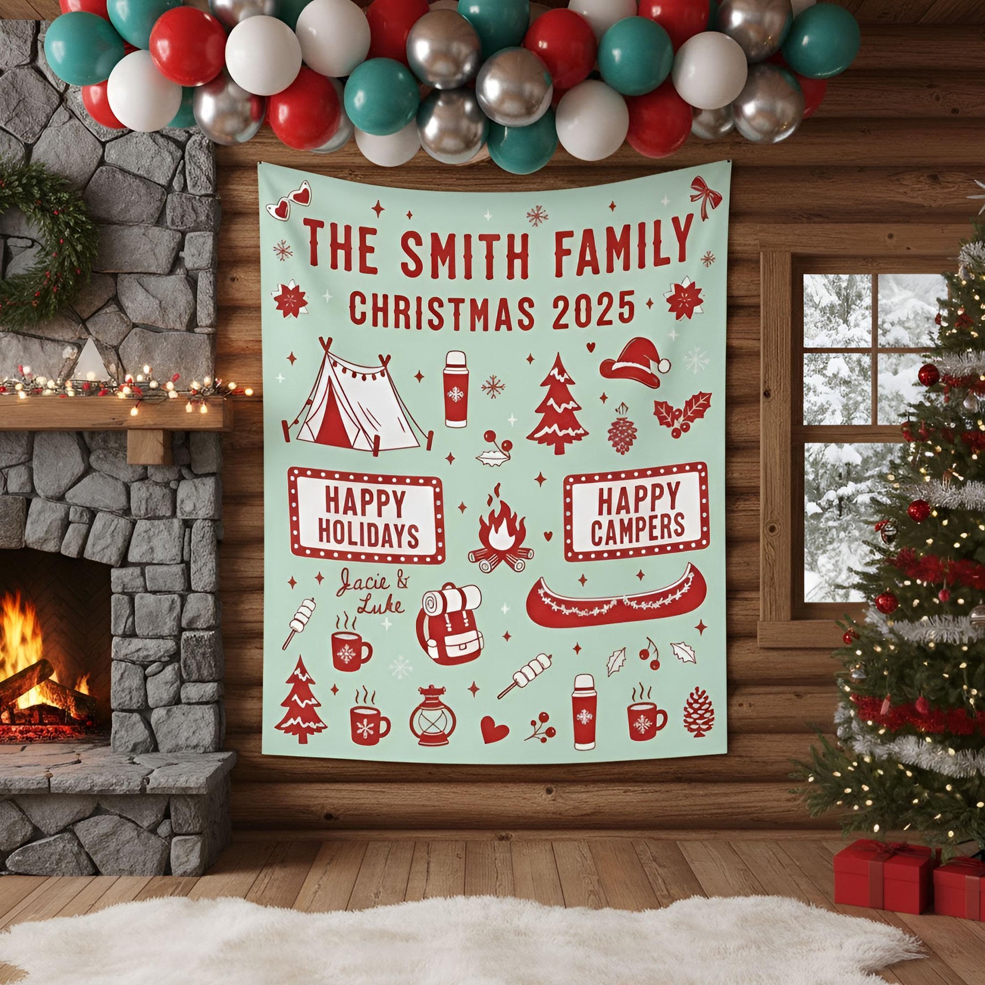 Custom Camping Family Christmas Backdrop: Personalized Holiday Banner with Tent