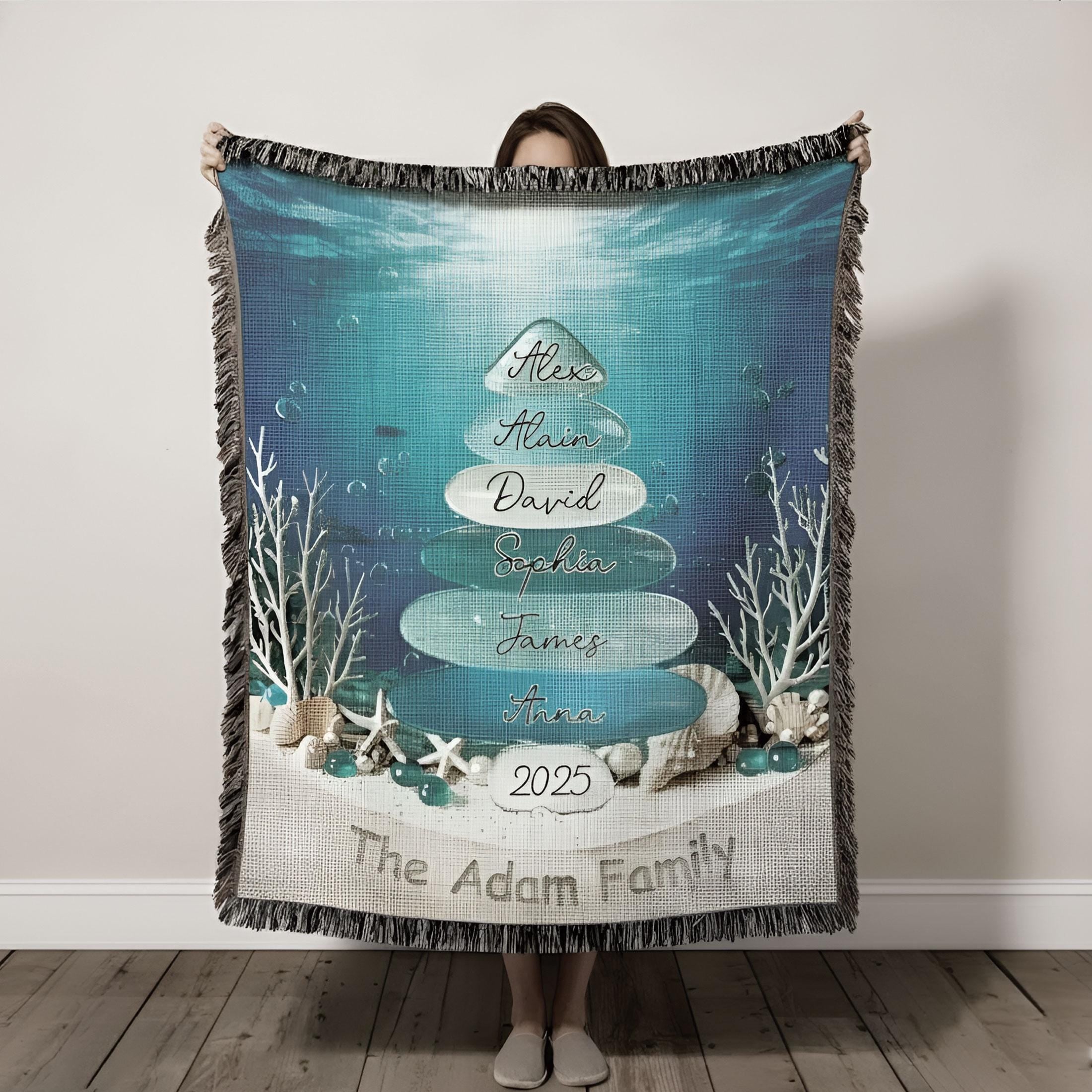 Custom Coastal Family Christmas Tree Woven Blanket: Ocean-Inspired Holiday Beach House Decor