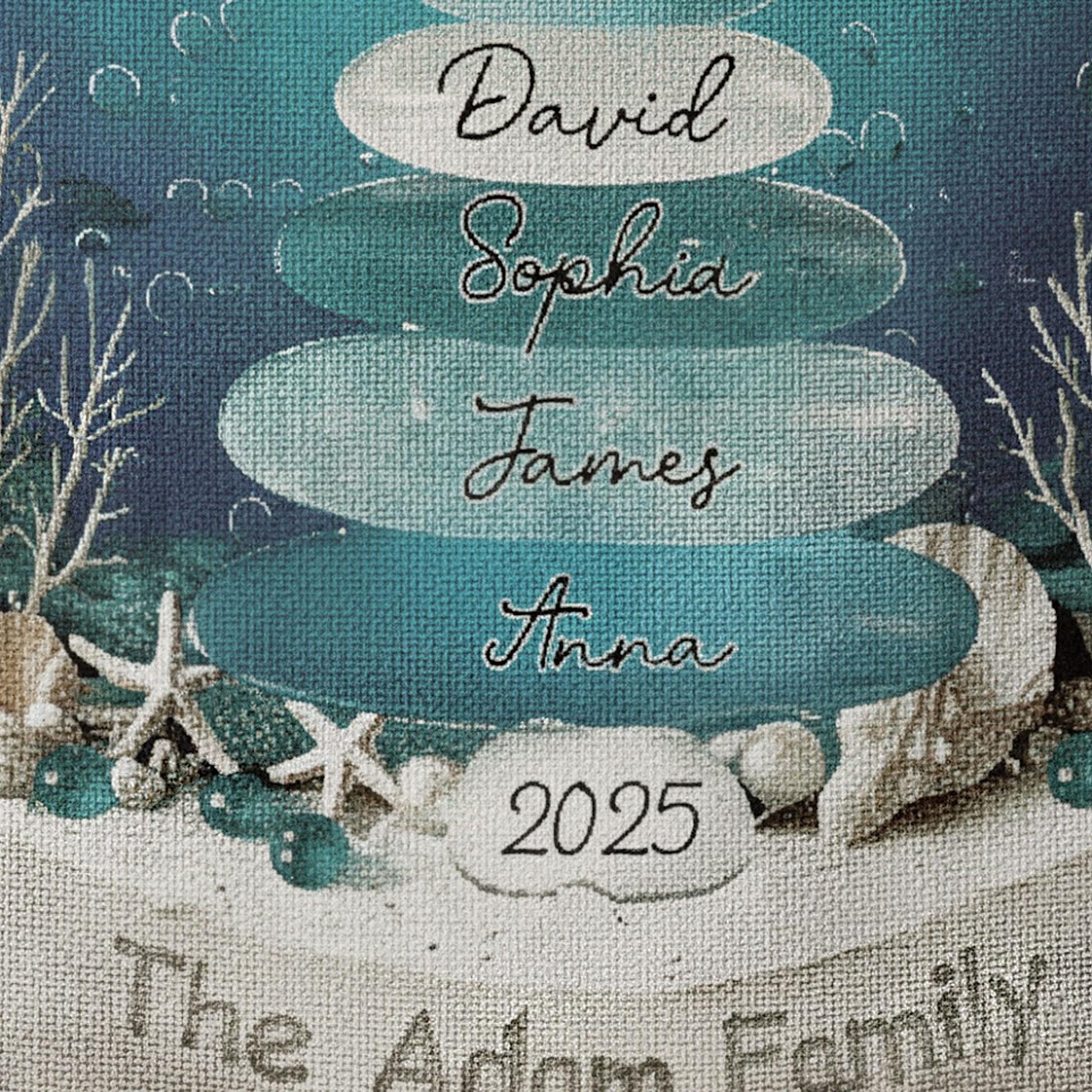 Custom Coastal Family Christmas Tree Woven Blanket: Ocean-Inspired Holiday Beach House Decor