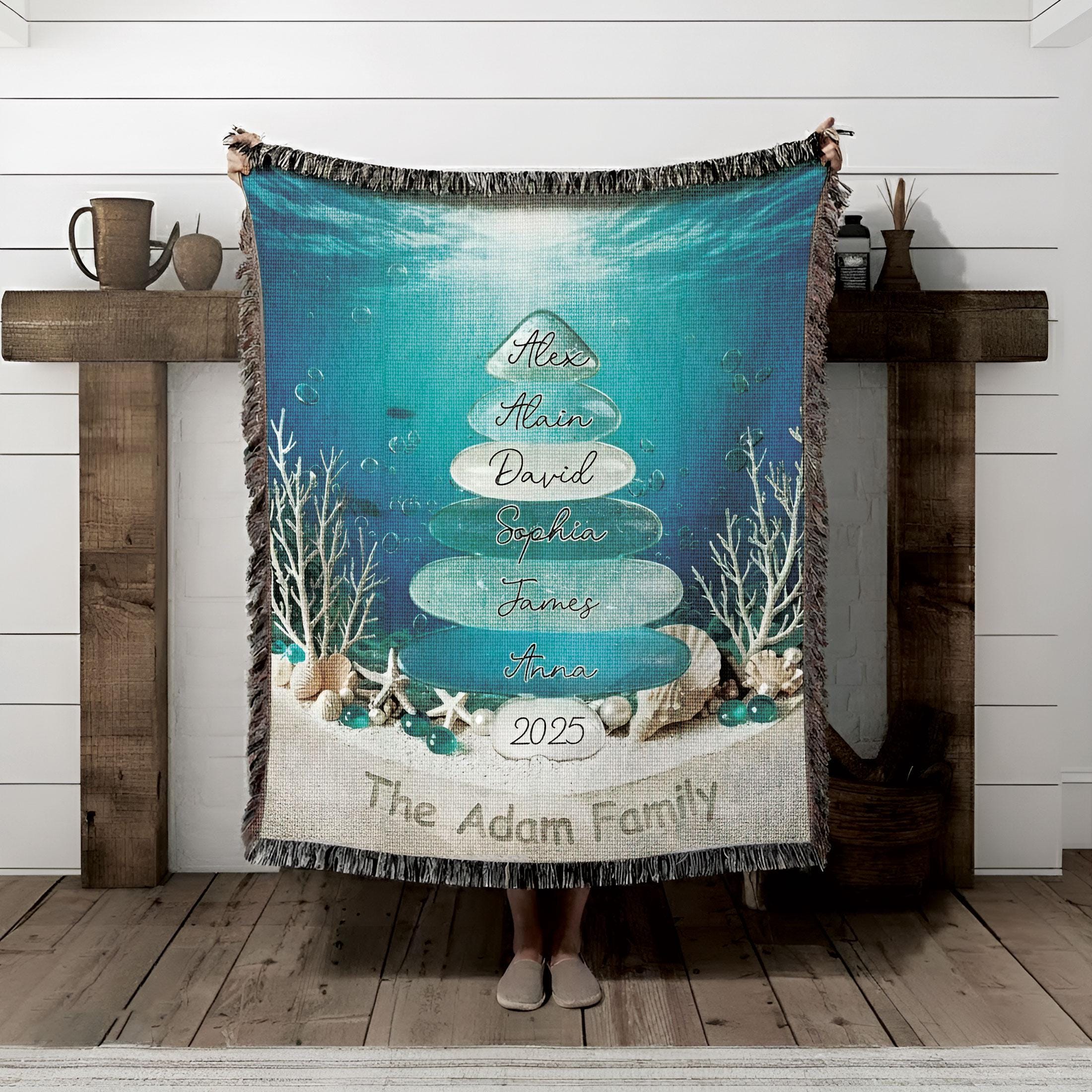 Custom Coastal Family Christmas Tree Woven Blanket: Ocean-Inspired Holiday Beach House Decor