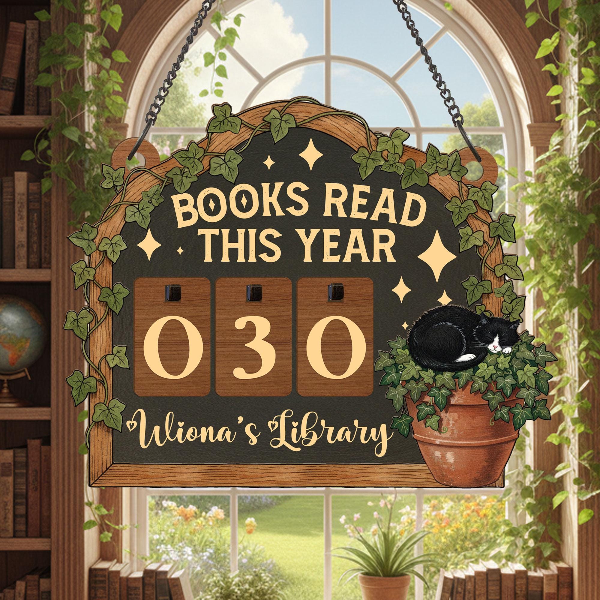 Books Read This Year Tracker: Tuxedo Cat & Ivy Plant Sign, Cozy Reader Counter