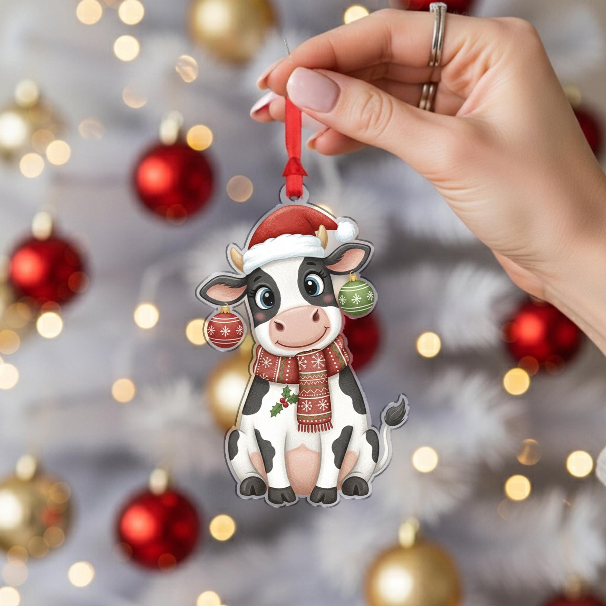 Cow Ornament with Santa Hat and Scarf, Farm Animal Christmas Decoration with Baubles