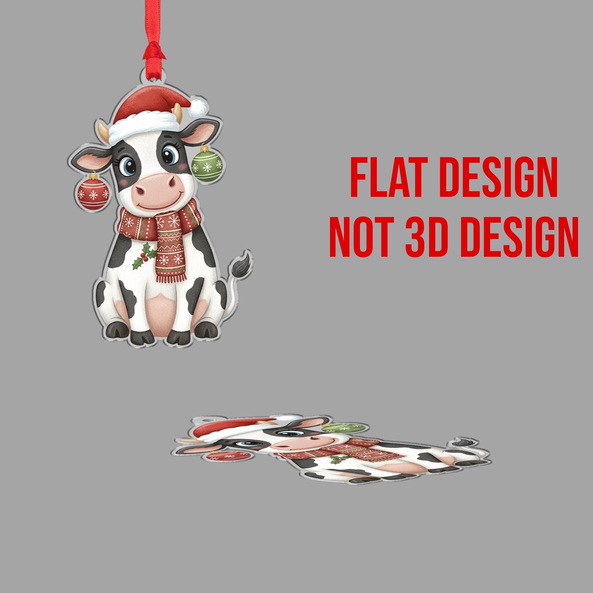 Cow Ornament with Santa Hat and Scarf, Farm Animal Christmas Decoration with Baubles