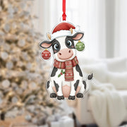 Cow Ornament with Santa Hat and Scarf, Farm Animal Christmas Decoration with Baubles