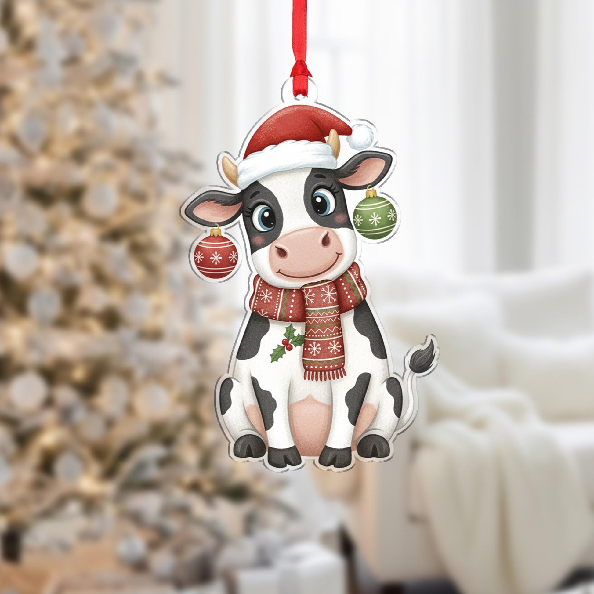 Cow Ornament with Santa Hat and Scarf, Farm Animal Christmas Decoration with Baubles