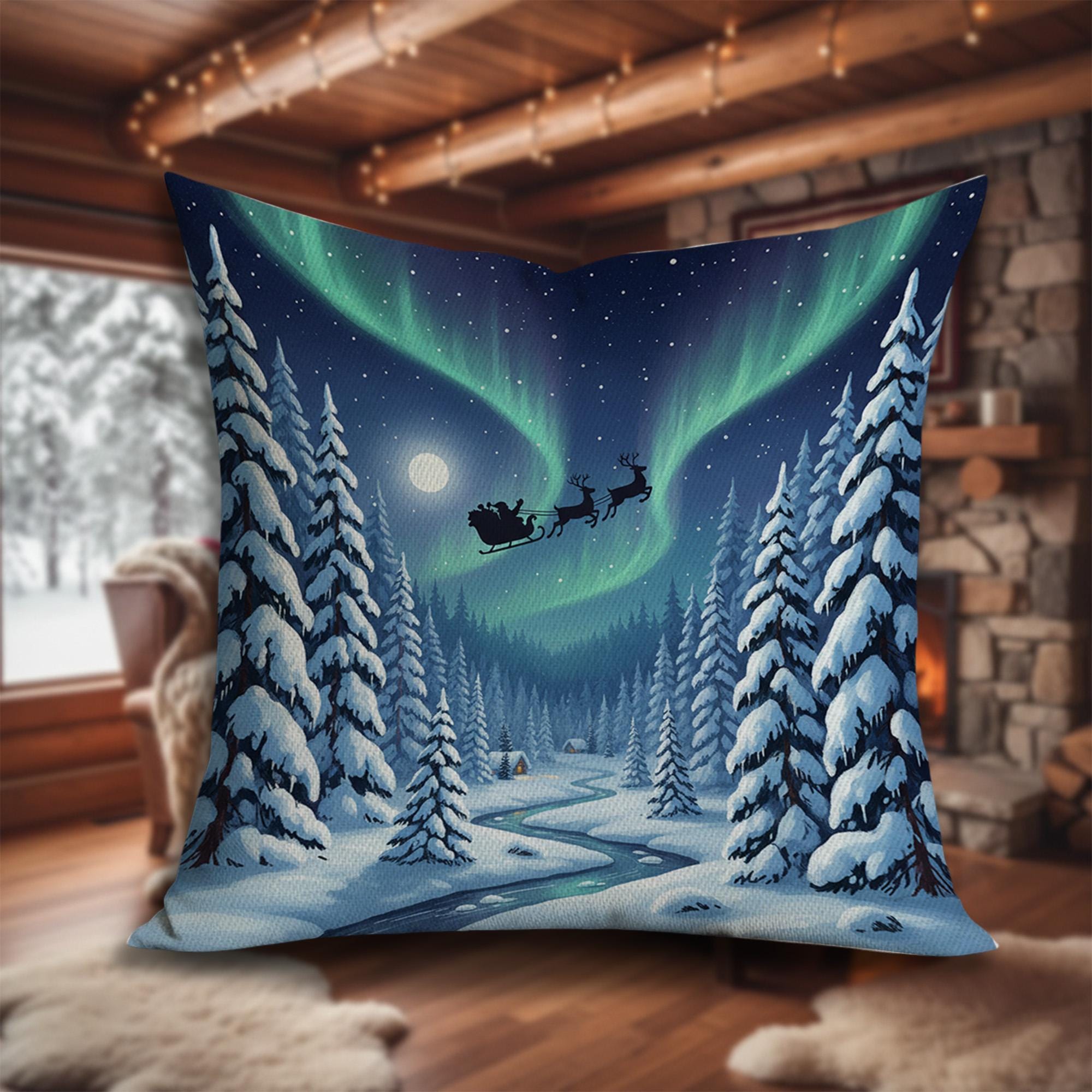 Christmas Pillow with Santa Sleigh and Northern Lights, Winter Snowy Forest Decorative Cushion