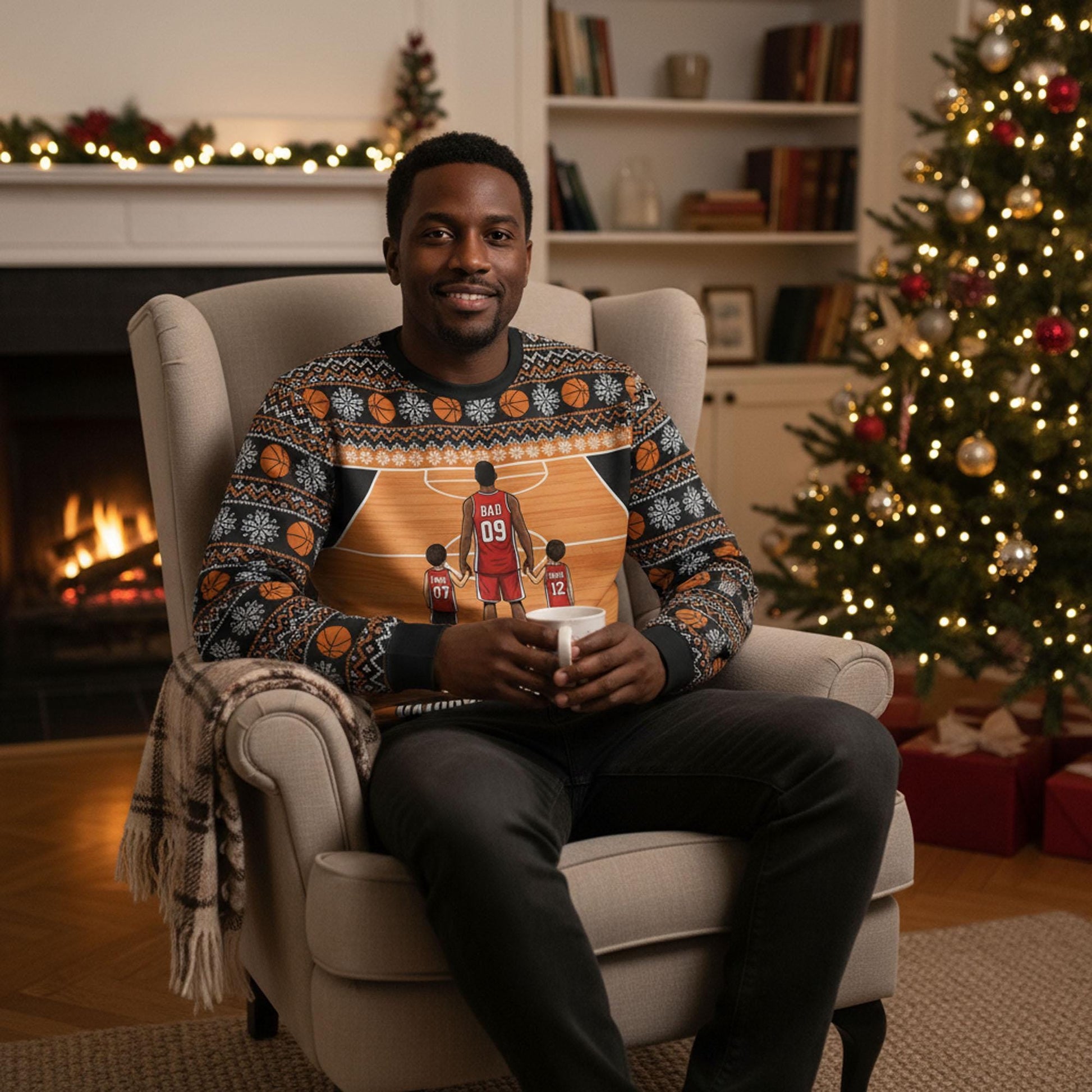 Custom Basketball Daddy’s Dream Team Sweater: All-Over Print Holiday Knit Pullover