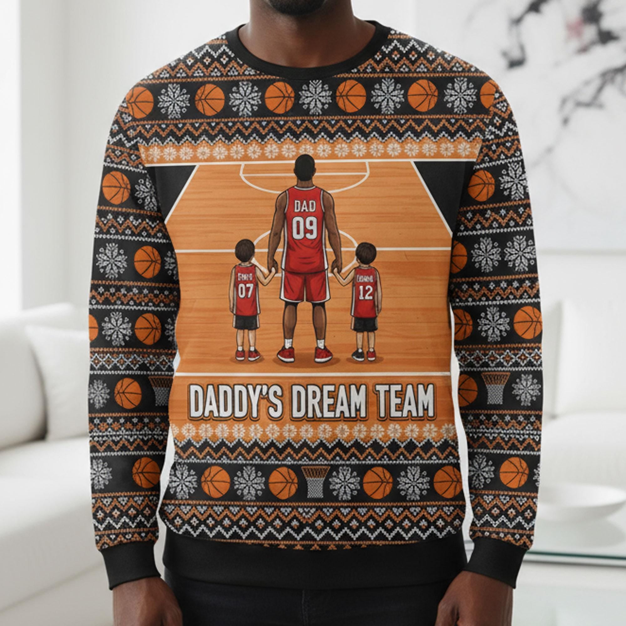 Custom Basketball Daddy’s Dream Team Sweater: All-Over Print Holiday Knit Pullover