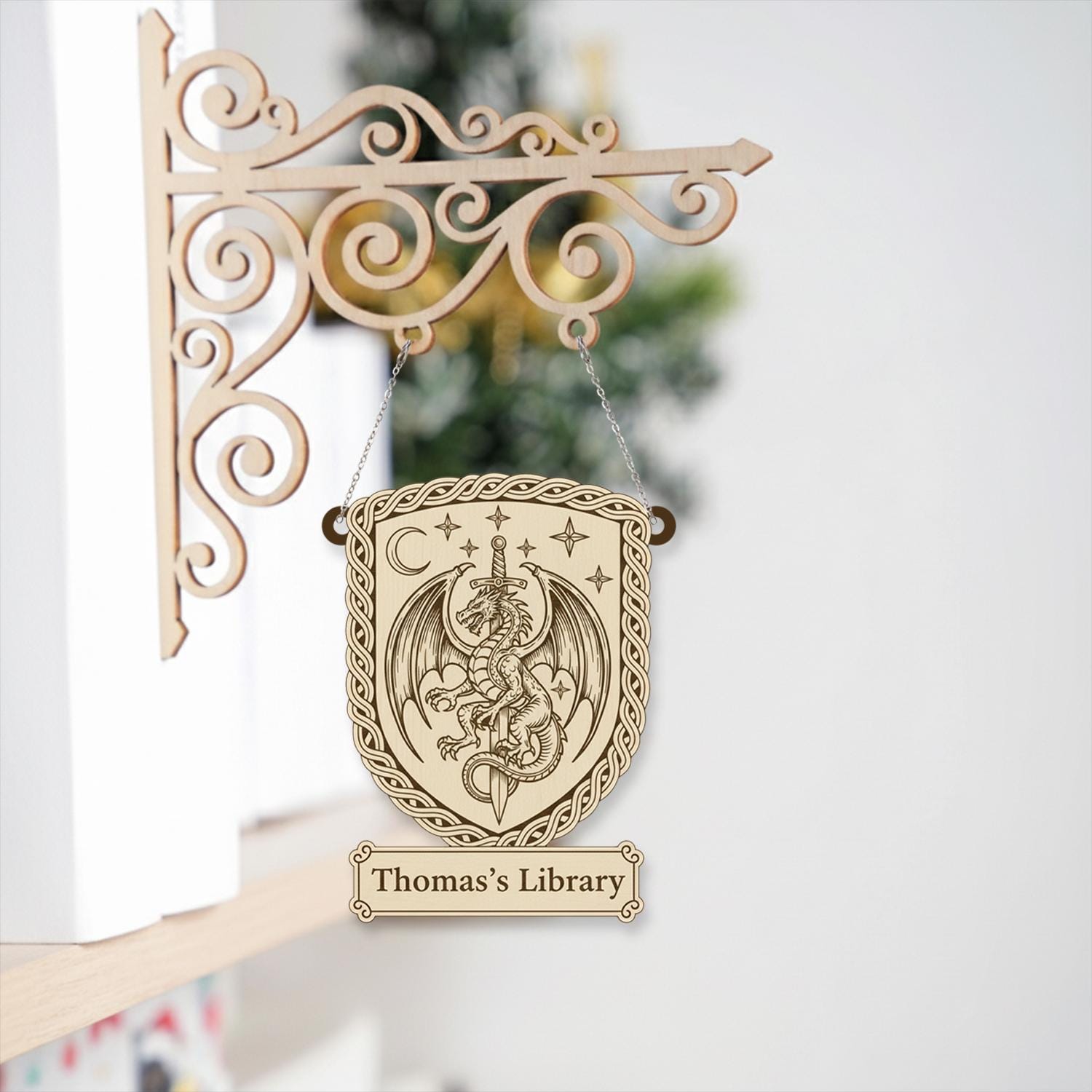 Personalized Dragon Bookshelf Sign – Fantasy Library Decor