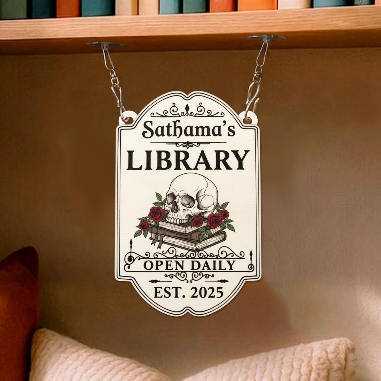 Personalized Skull Bookshelf Sign – Gothic Library Decor