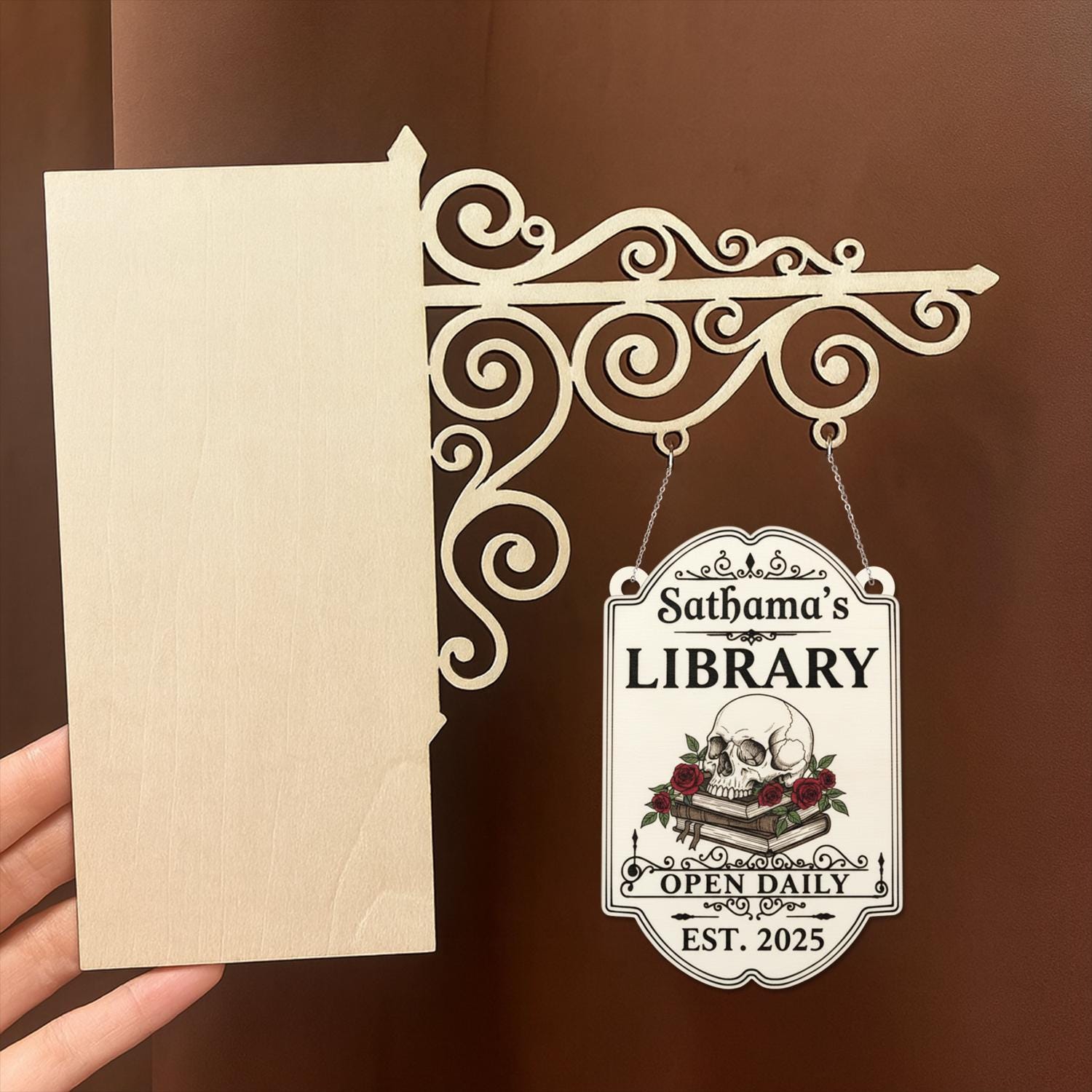 Personalized Skull Bookshelf Sign – Gothic Library Decor