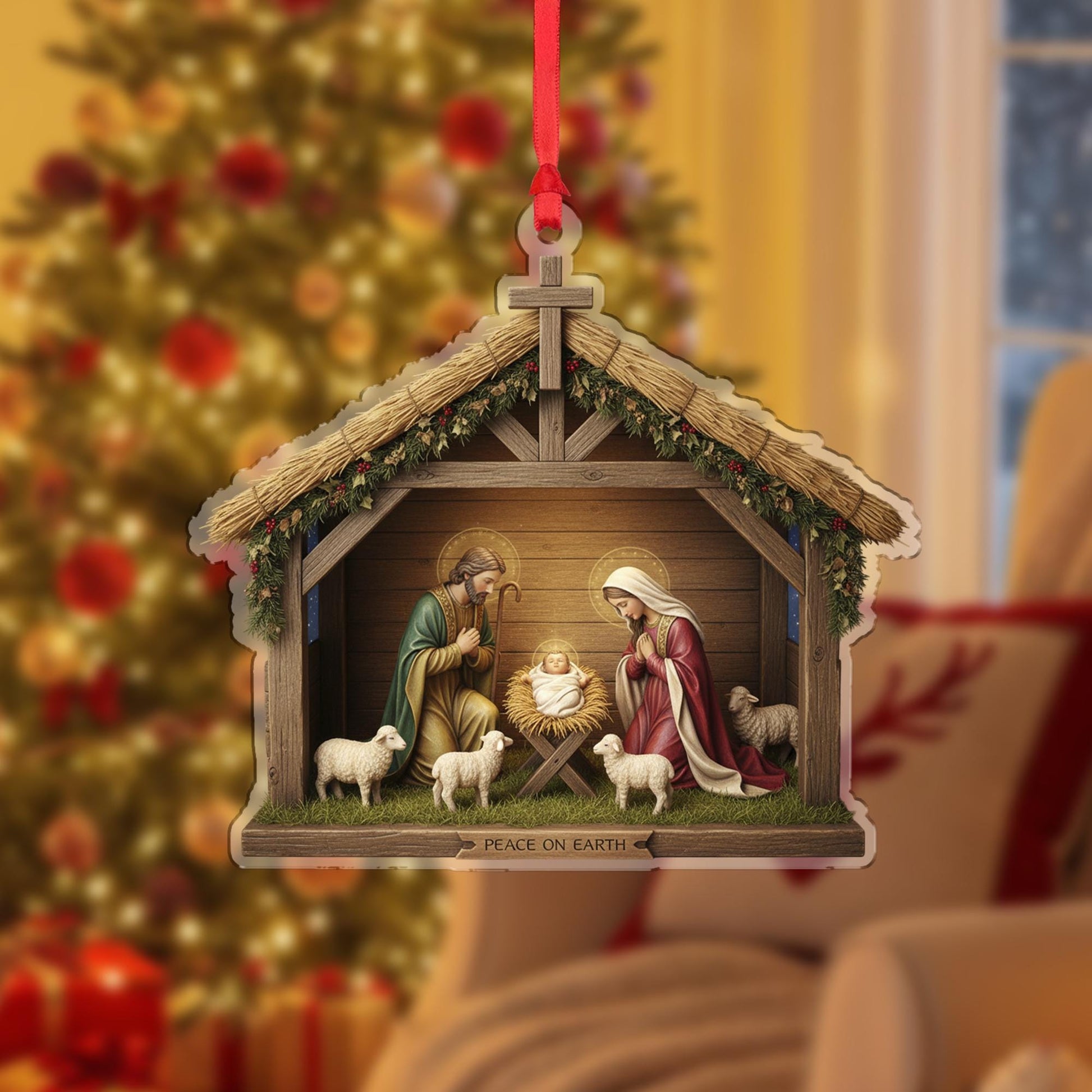 Nativity Ornament – “Peace on Earth” Religious Christmas Tree Hanging Decoration