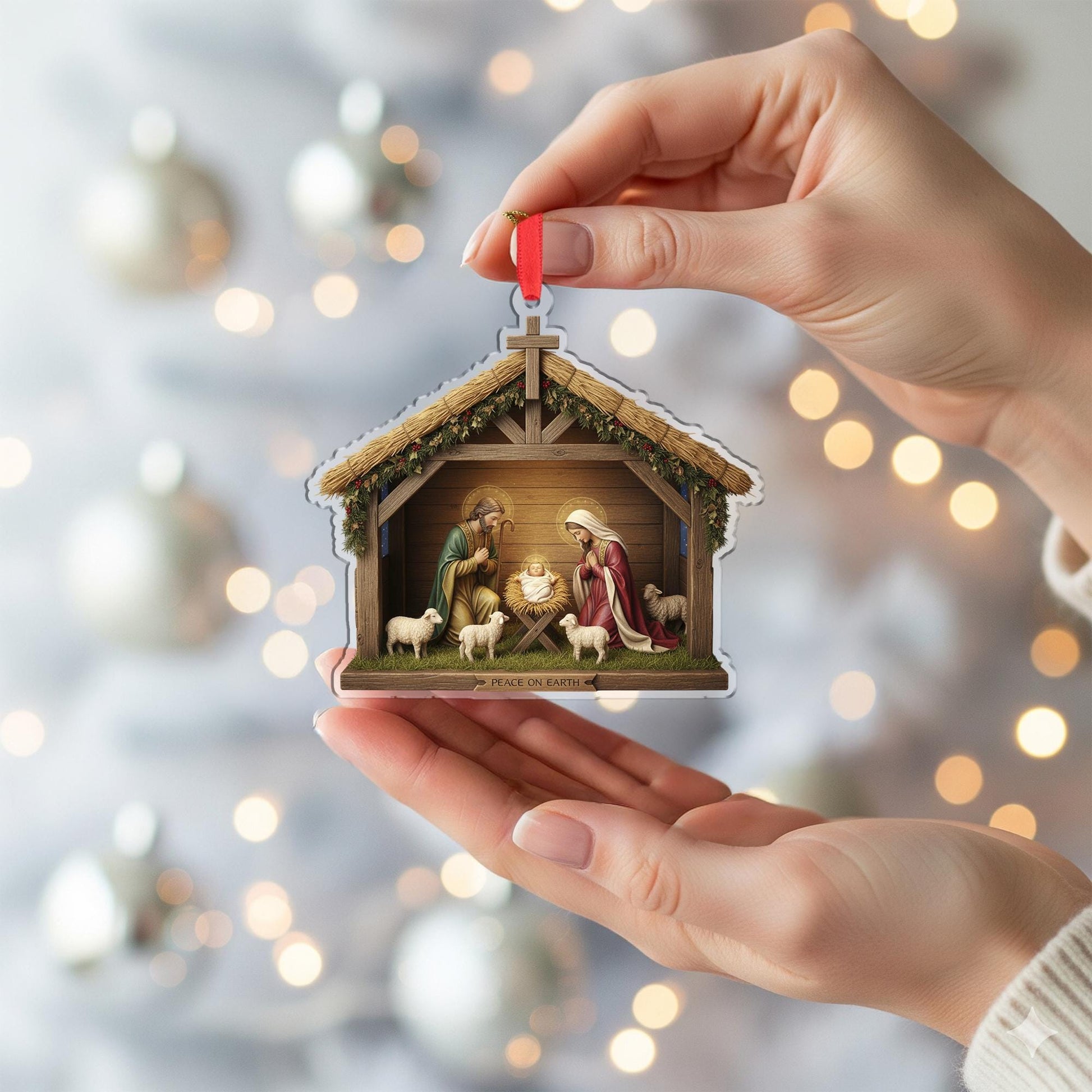 Nativity Ornament – “Peace on Earth” Religious Christmas Tree Hanging Decoration