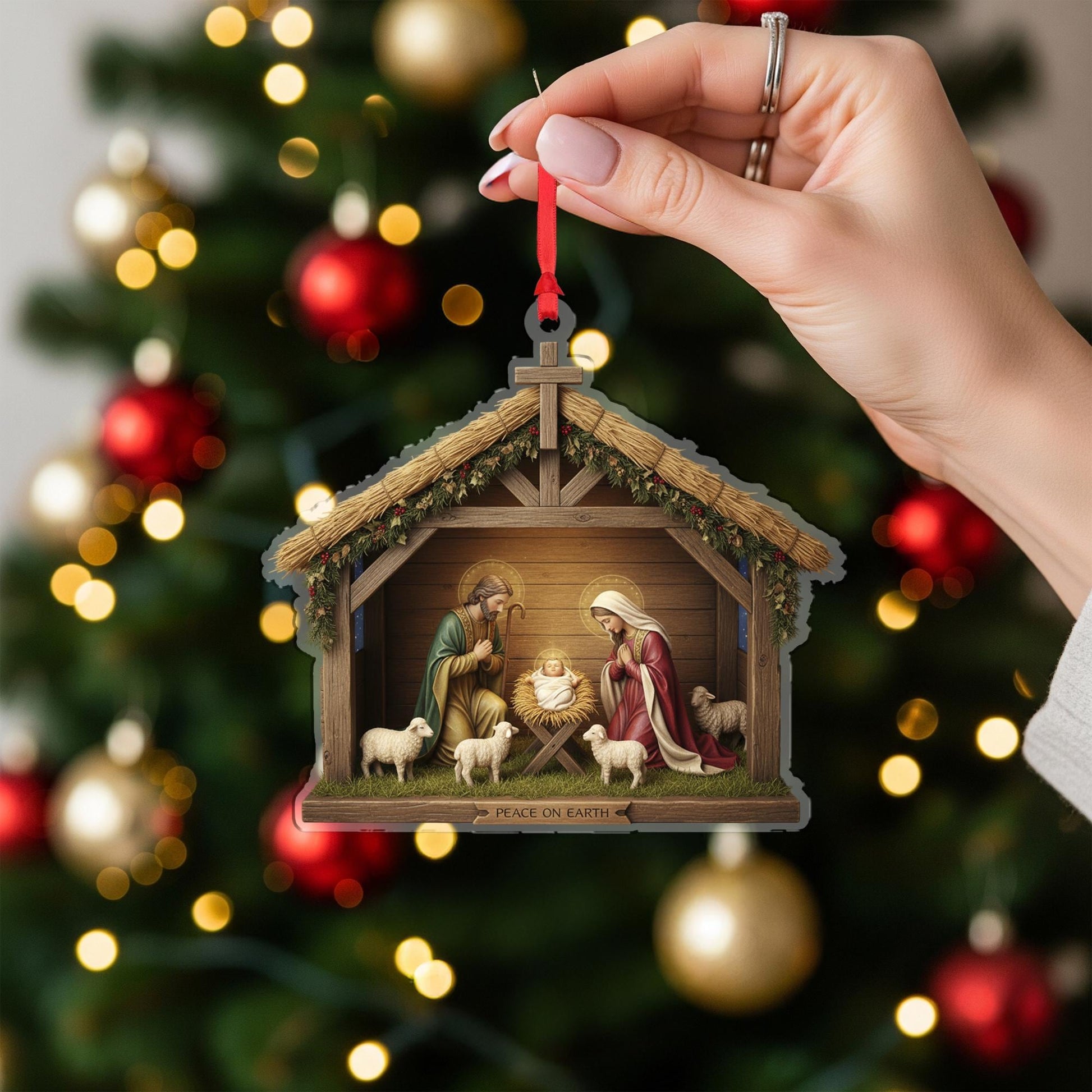 Nativity Ornament – “Peace on Earth” Religious Christmas Tree Hanging Decoration