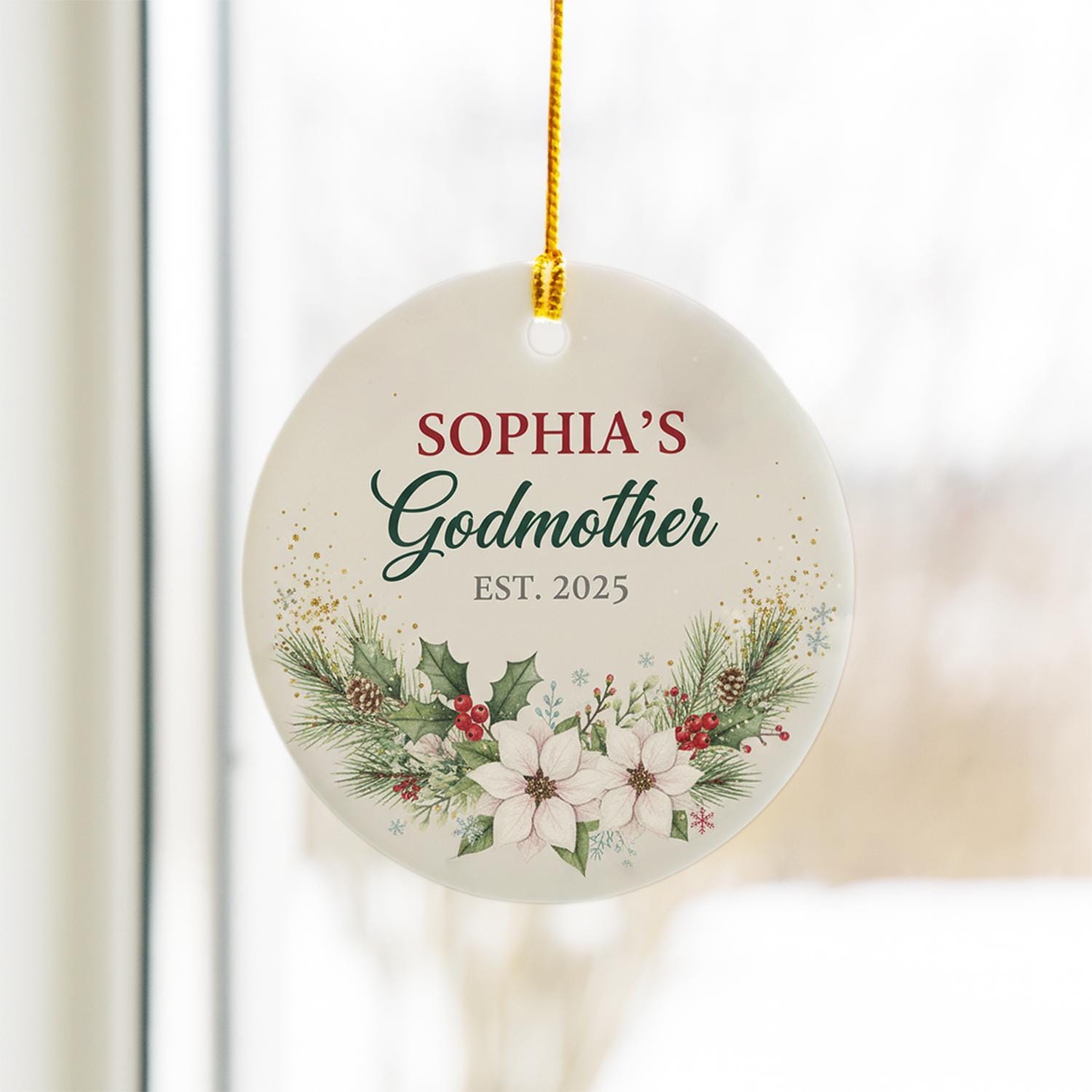 Personalized Godmother Ceramic Ornament: Custom Keepsake with Godchild's Name and Year, Floral Poinsettia Design
