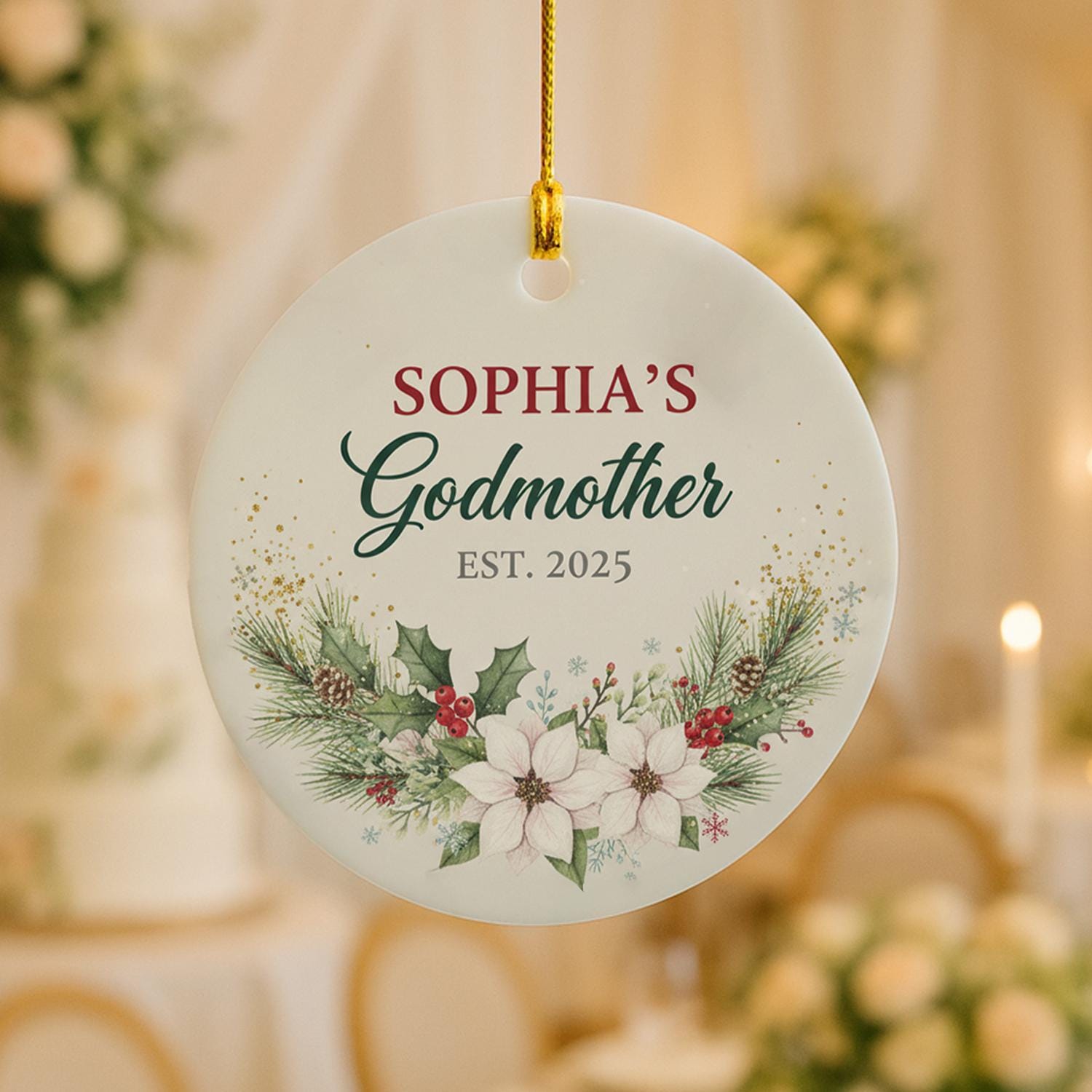 Personalized Godmother Ceramic Ornament: Custom Keepsake with Godchild's Name and Year, Floral Poinsettia Design
