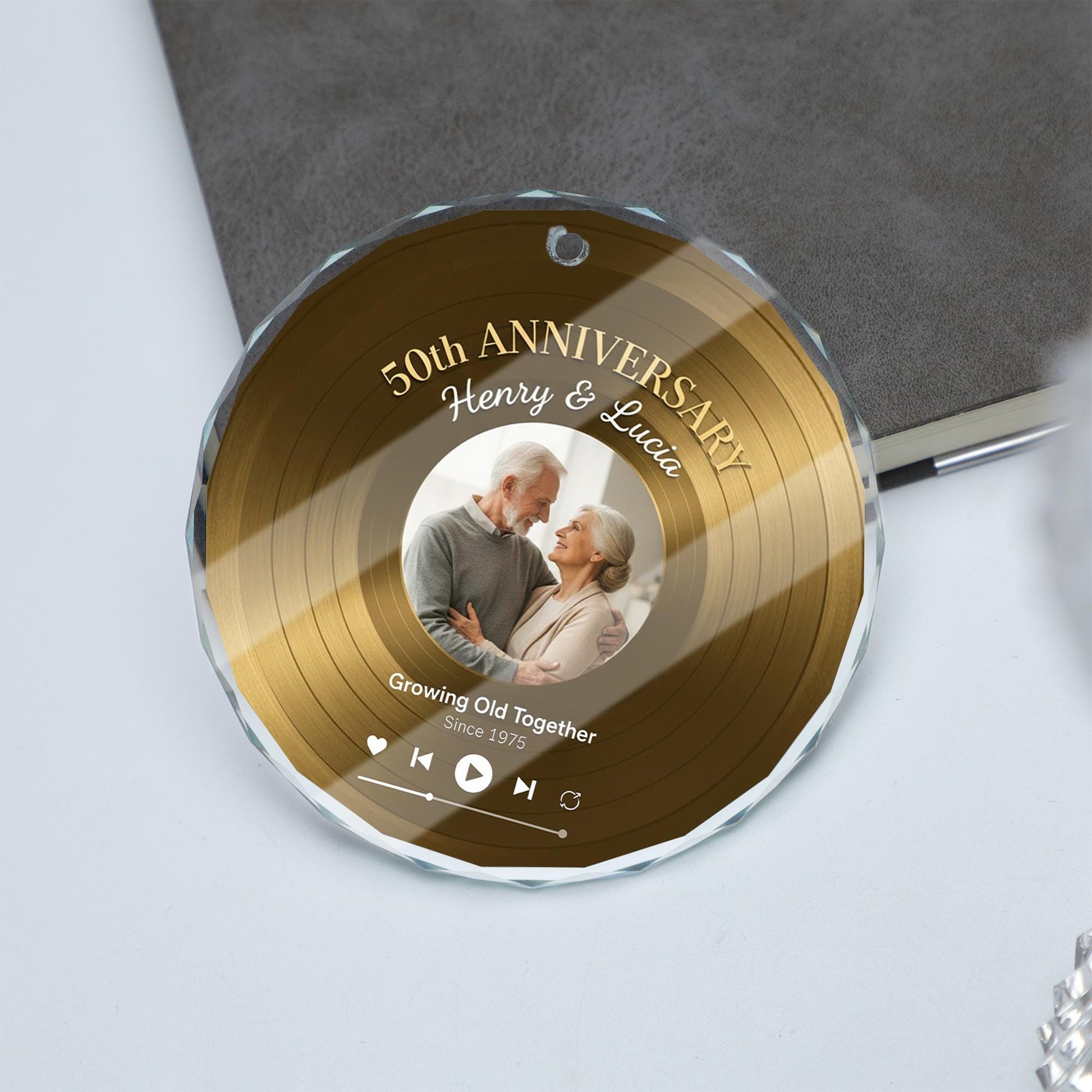 Personalized Glass Anniversary Ornament • Record Design Hanging Decoration