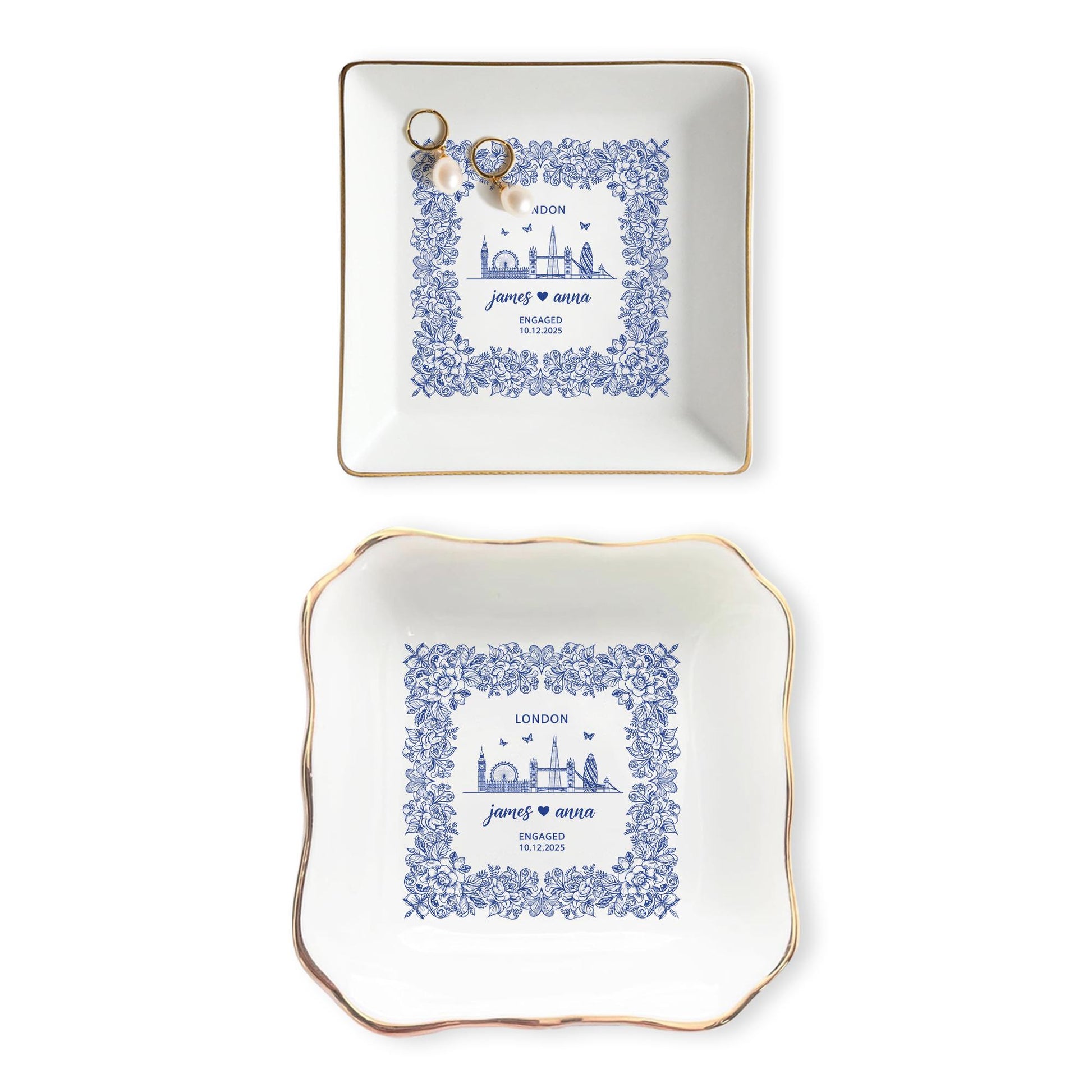 Personalized Engagement Ring Dish City Skyline Design - Gift for Couple or Bridal Shower