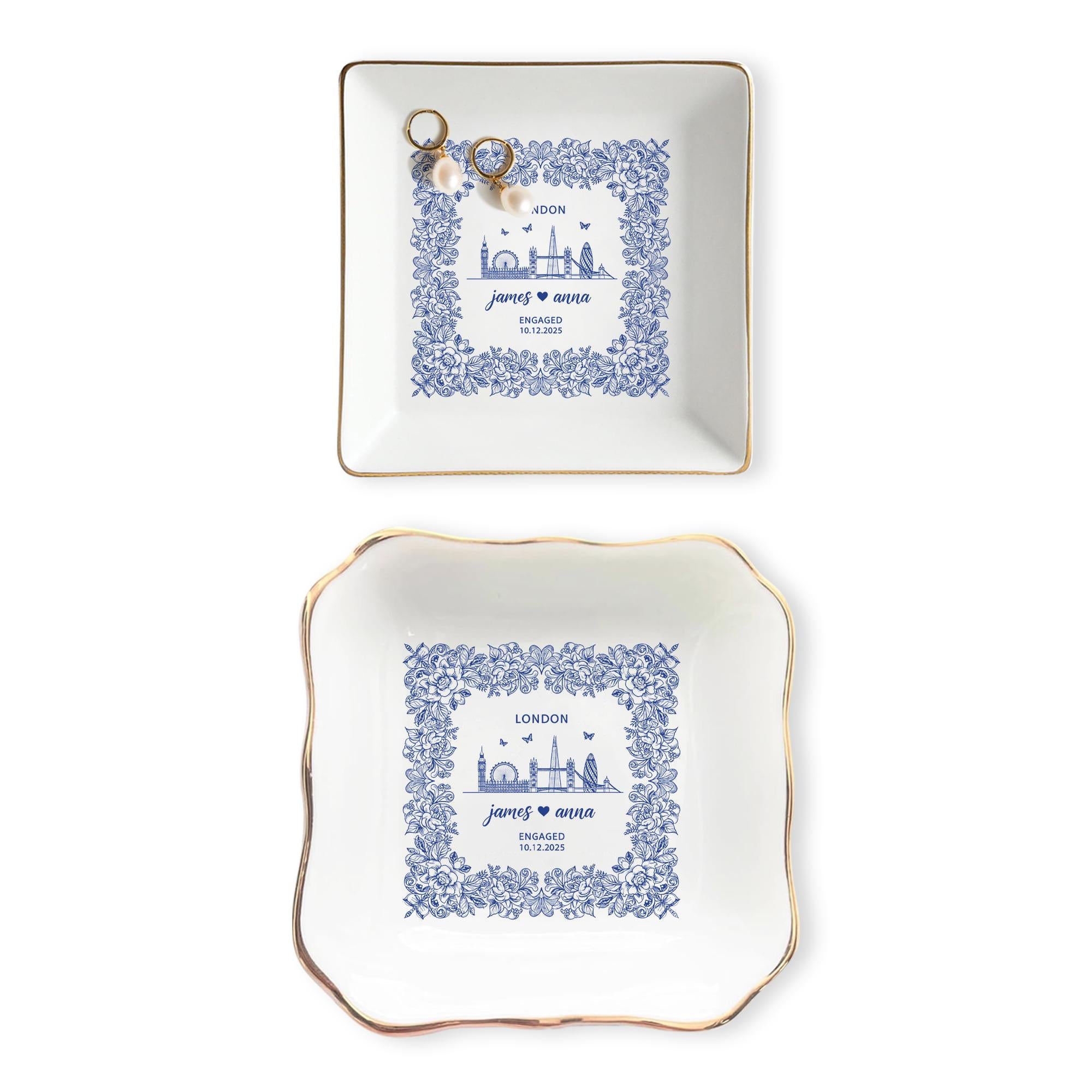 Personalized Engagement Ring Dish City Skyline Design - Gift for Couple or Bridal Shower