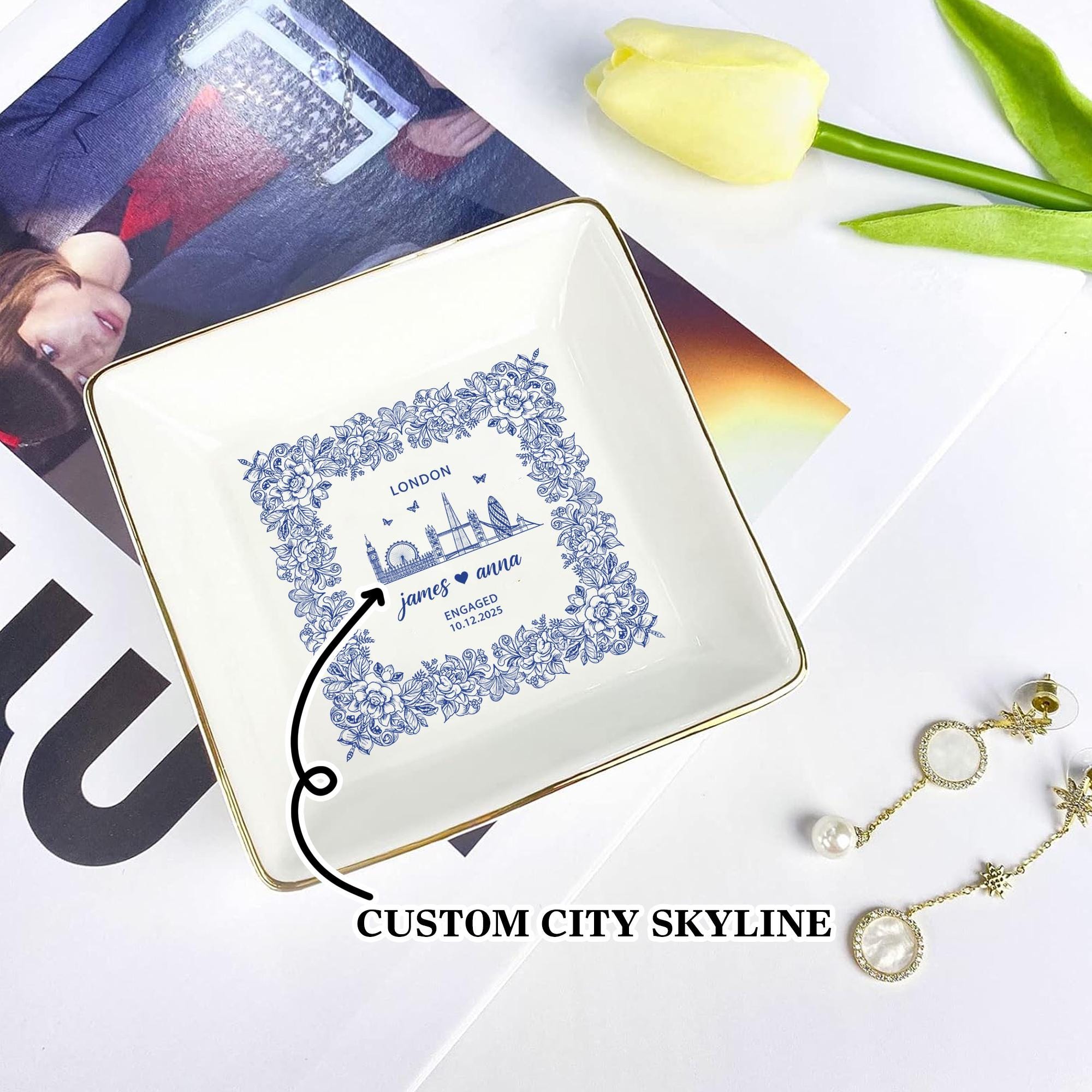 Personalized Engagement Ring Dish City Skyline Design - Gift for Couple or Bridal Shower