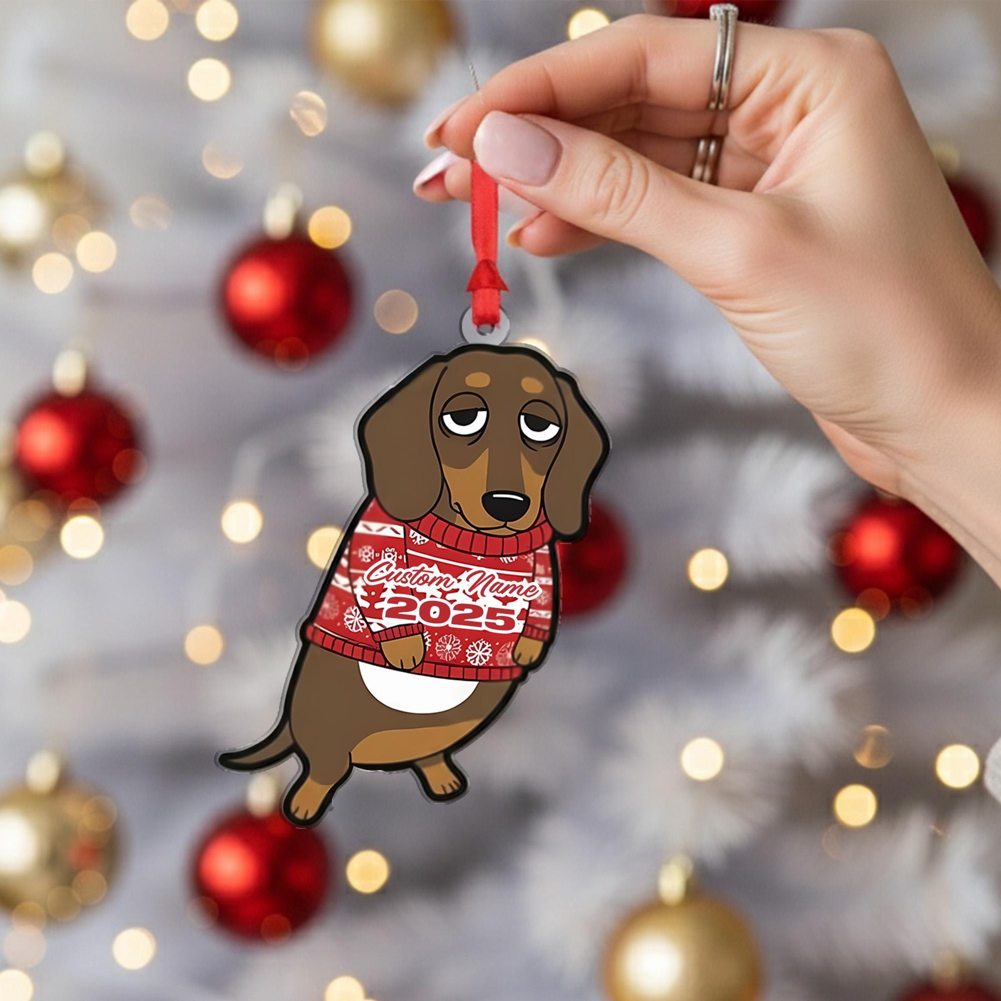 Personalized Dachshund Ornament – Custom Name Christmas Sweater Dog Decoration