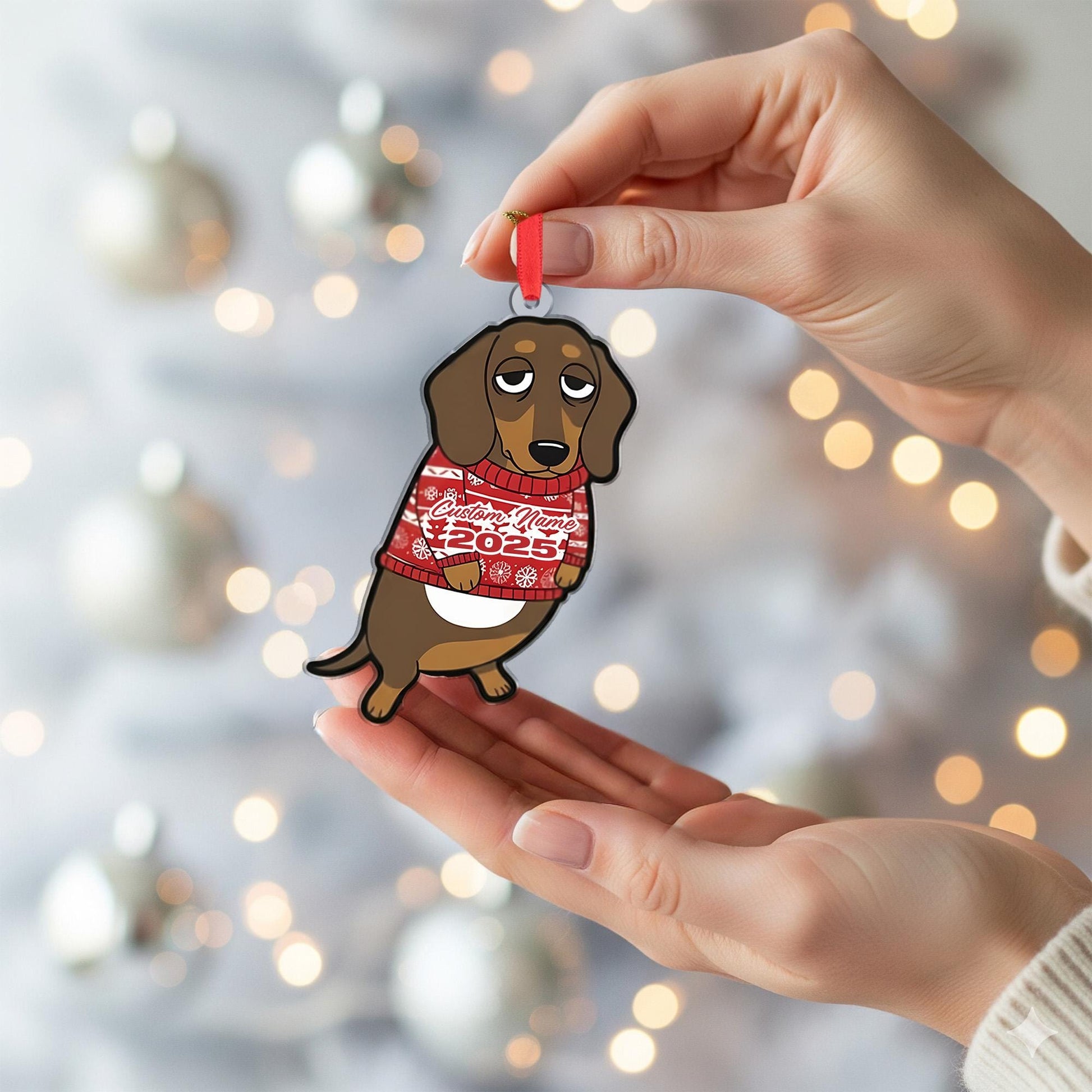 Personalized Dachshund Ornament – Custom Name Christmas Sweater Dog Decoration
