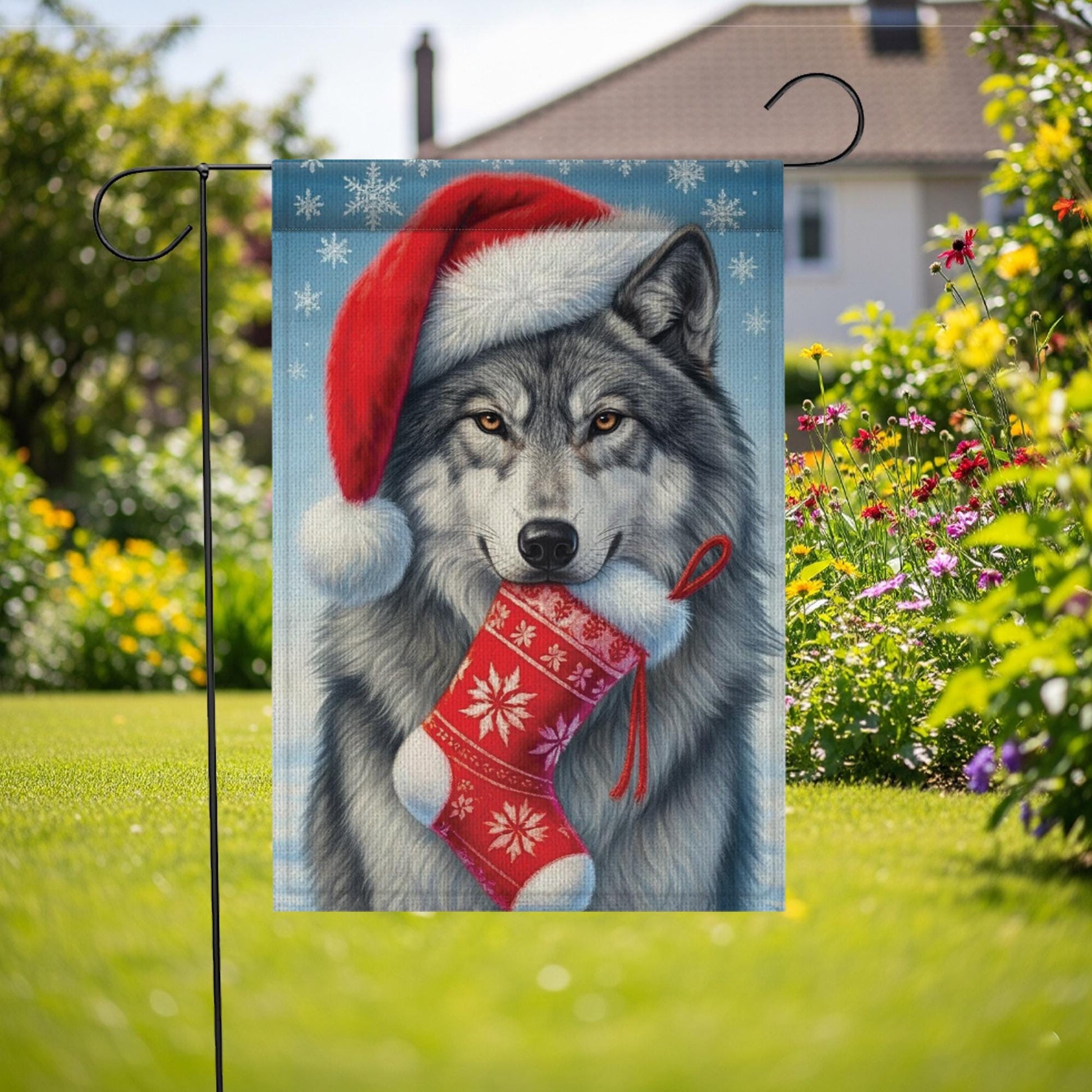 Christmas Wolf Garden Flag: Santa Hat Winter Stocking Outdoor Decoration