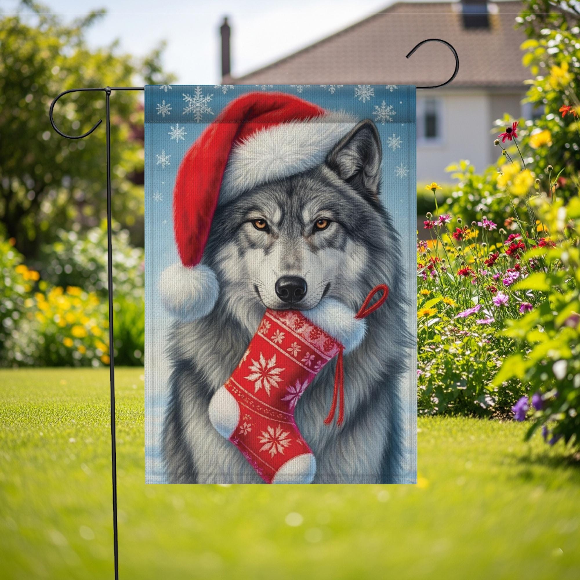 Christmas Wolf Garden Flag: Santa Hat Winter Stocking Outdoor Decoration