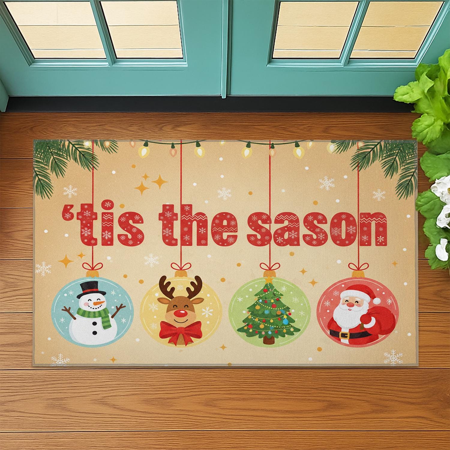 Coir Doormat – ’Tis the Season with Santa, Reindeer, Tree, Snowman – Outdoor Welcome Mat