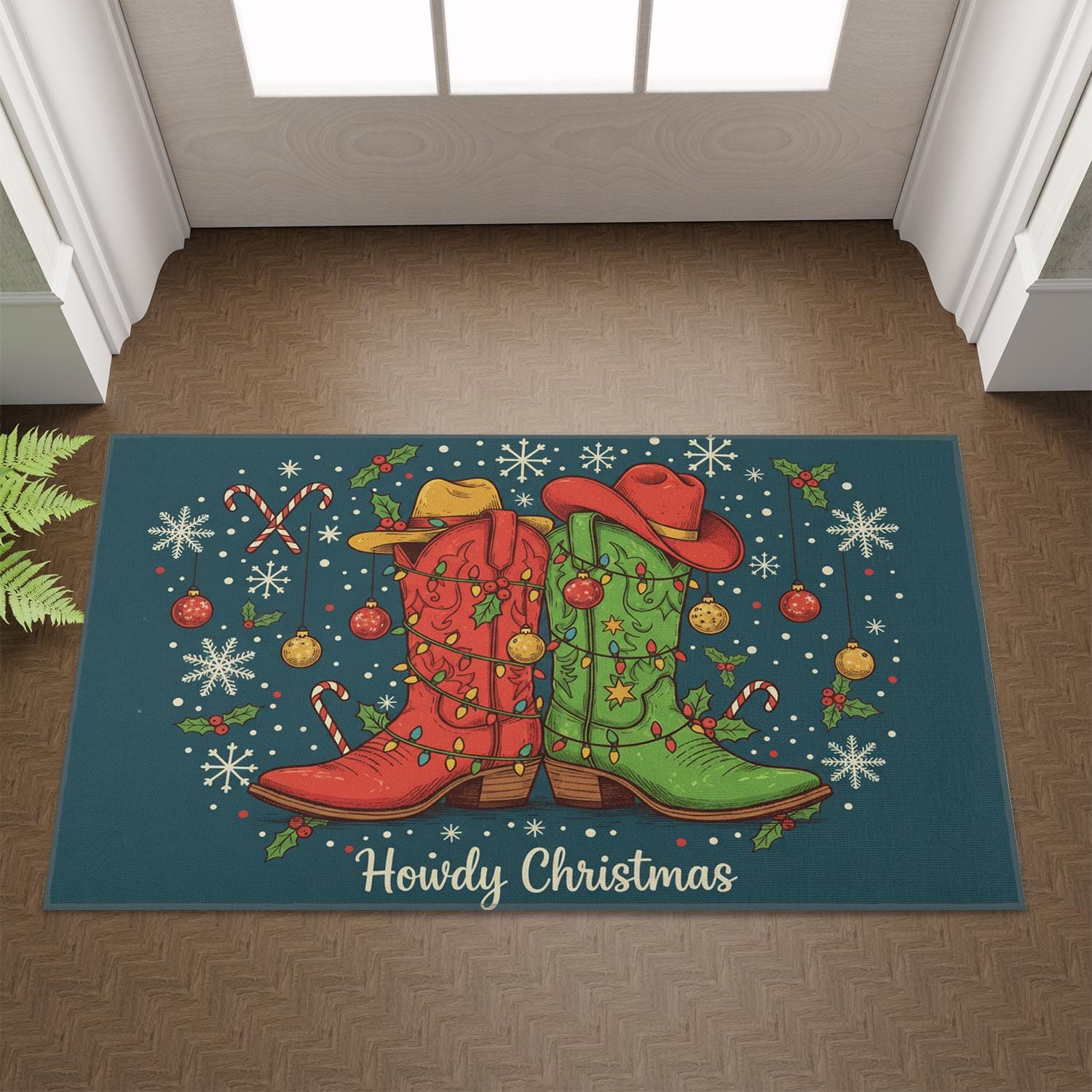 Coir Doormat – Cowboy Boots & Christmas Motif “Howdy Christmas” – Outdoor Welcome Mat