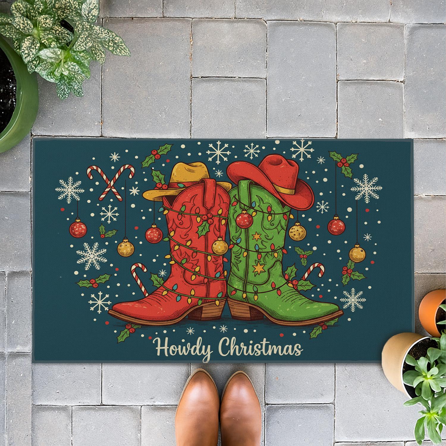 Coir Doormat – Cowboy Boots & Christmas Motif “Howdy Christmas” – Outdoor Welcome Mat